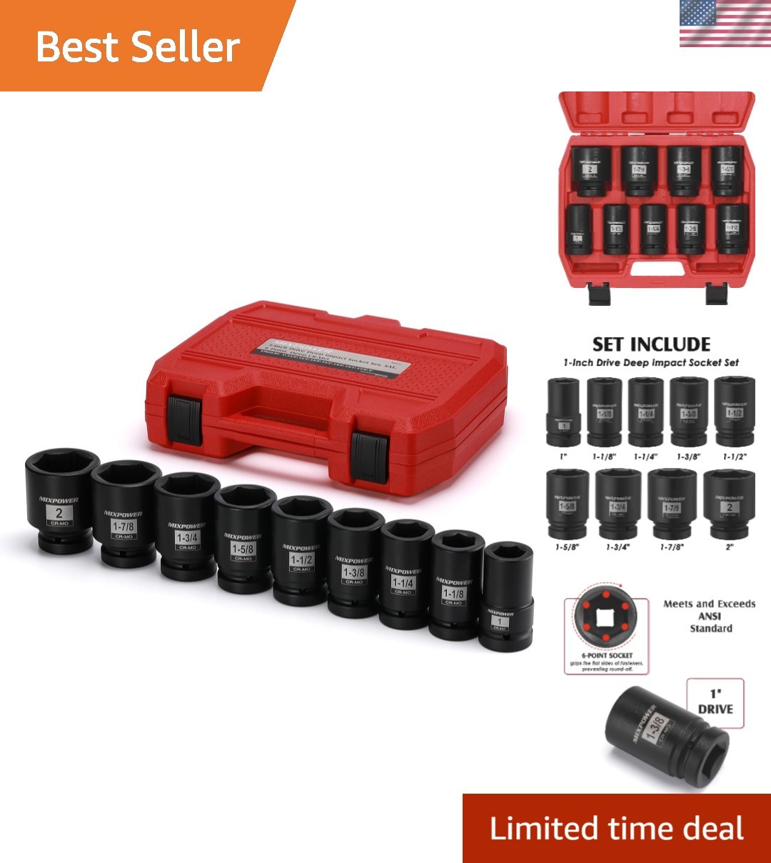 9-Piece 1″ Drive CR-MO Deep Impact Socket Set – Durable Black Phosphate Finish