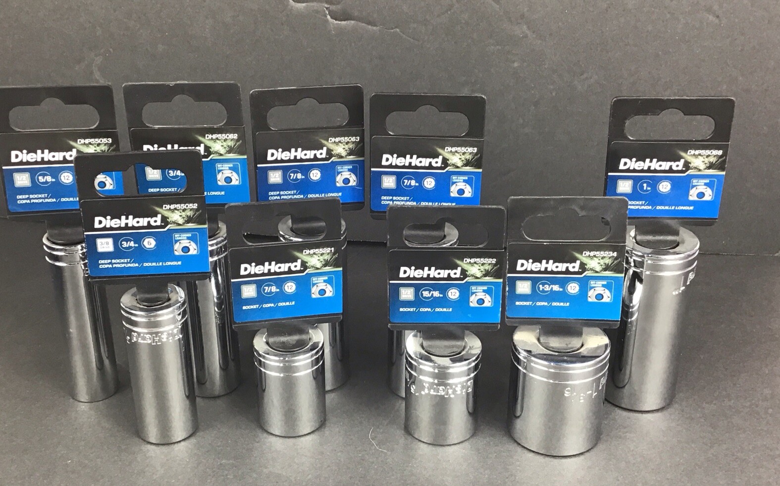 9 DieHard 1/2″ Drive 12-Point Sockets 5/8 3/4 X2 7/8 X3 15/16 1 In And 1 3/16