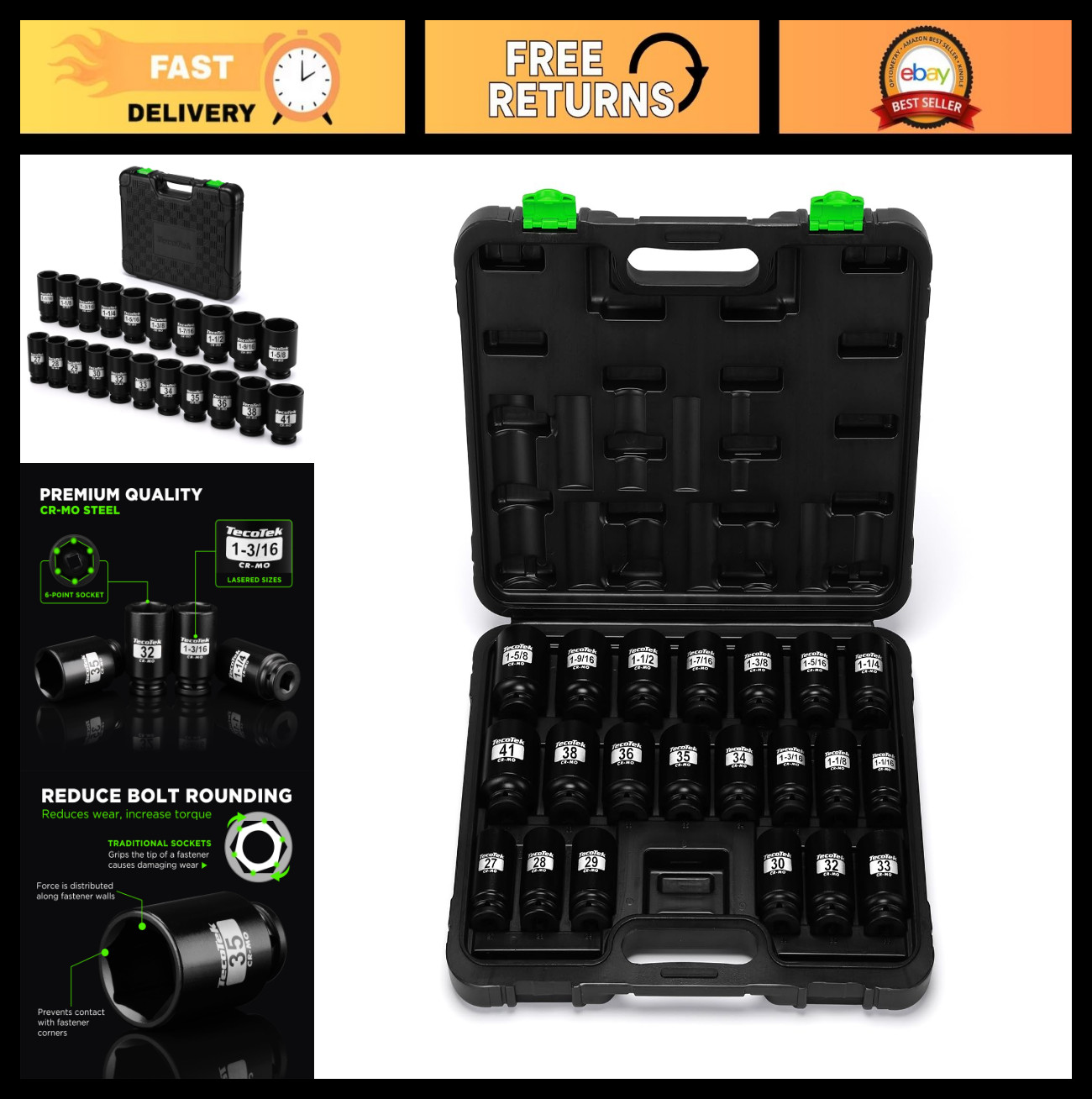 21-Piece 1/2″ Drive Deep Impact Socket Set, SAE & Metric, CR-MO, Spindle Axle Nu