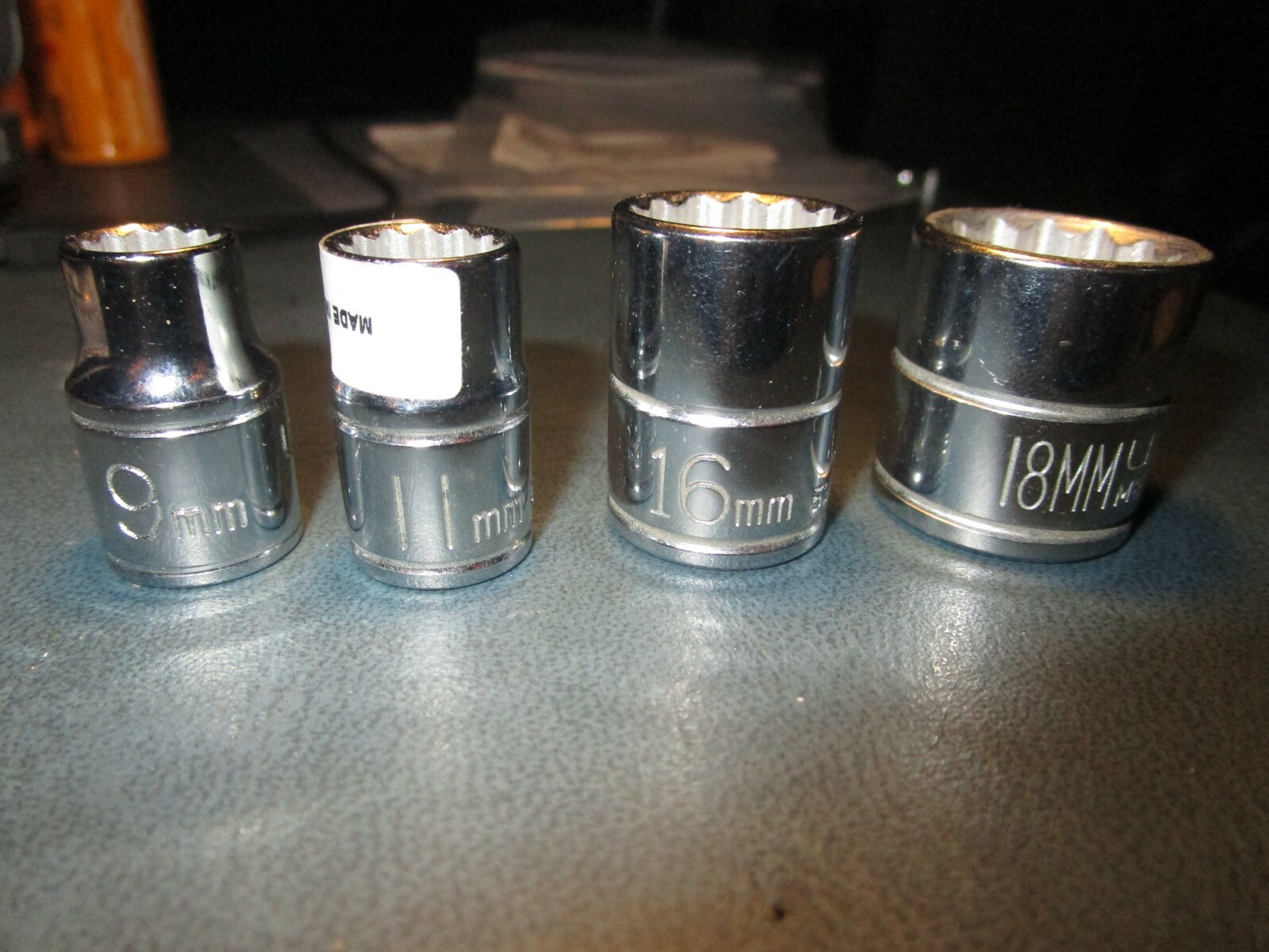 LOT OF FOUR 9mm, 11mm, 16mm and 18mm x 3/8″ Drive 12 Pt Std Lgth Socket