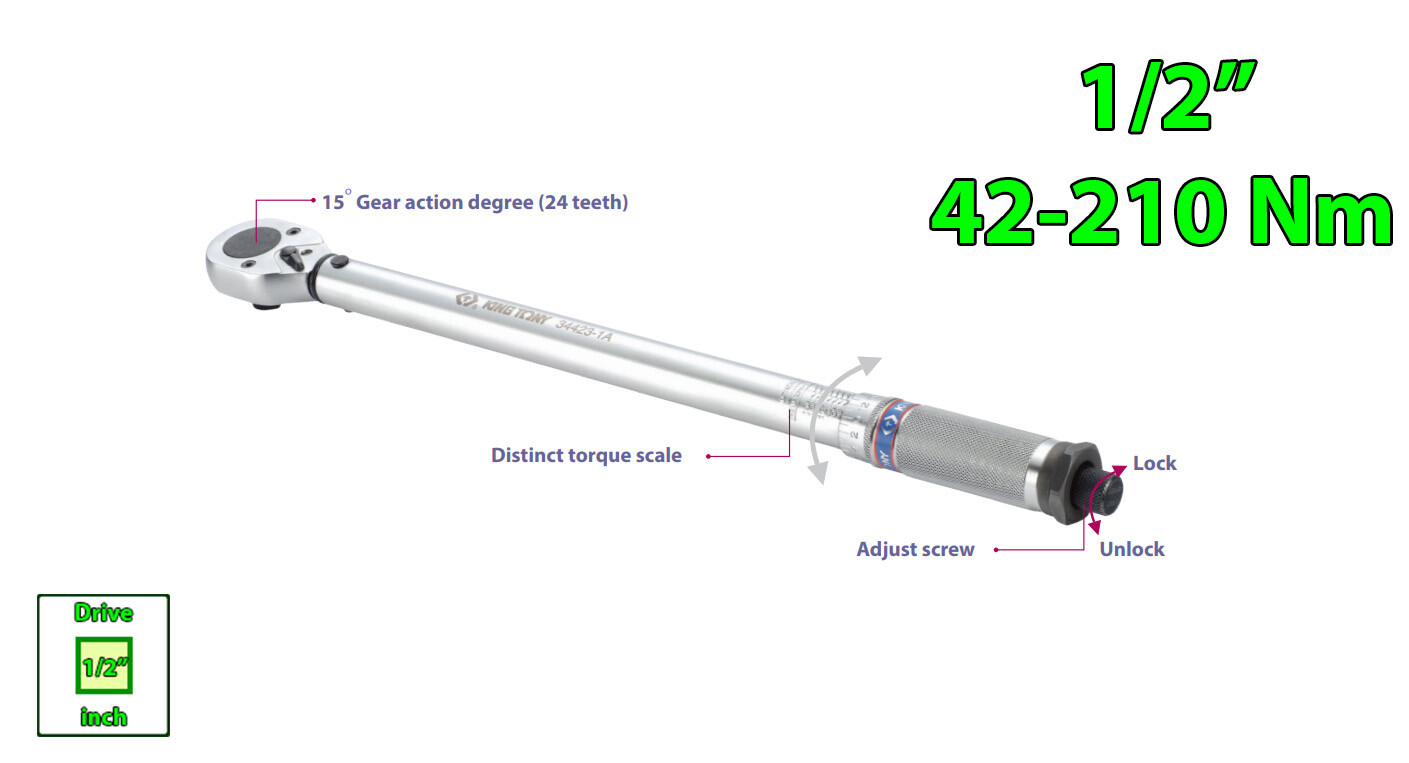 1/2″ Adjustable Torque Wrench (Newton Meter & Kilogram) 42-210 Nm KING TONY