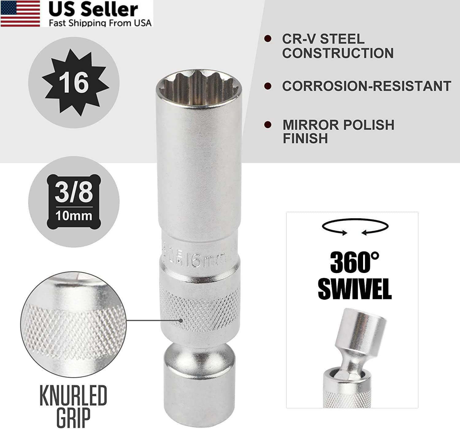PLAYOCCAR 16mm Magnetic Swivel Spark Plug Socket Compatible with BMW, 3/8 S16