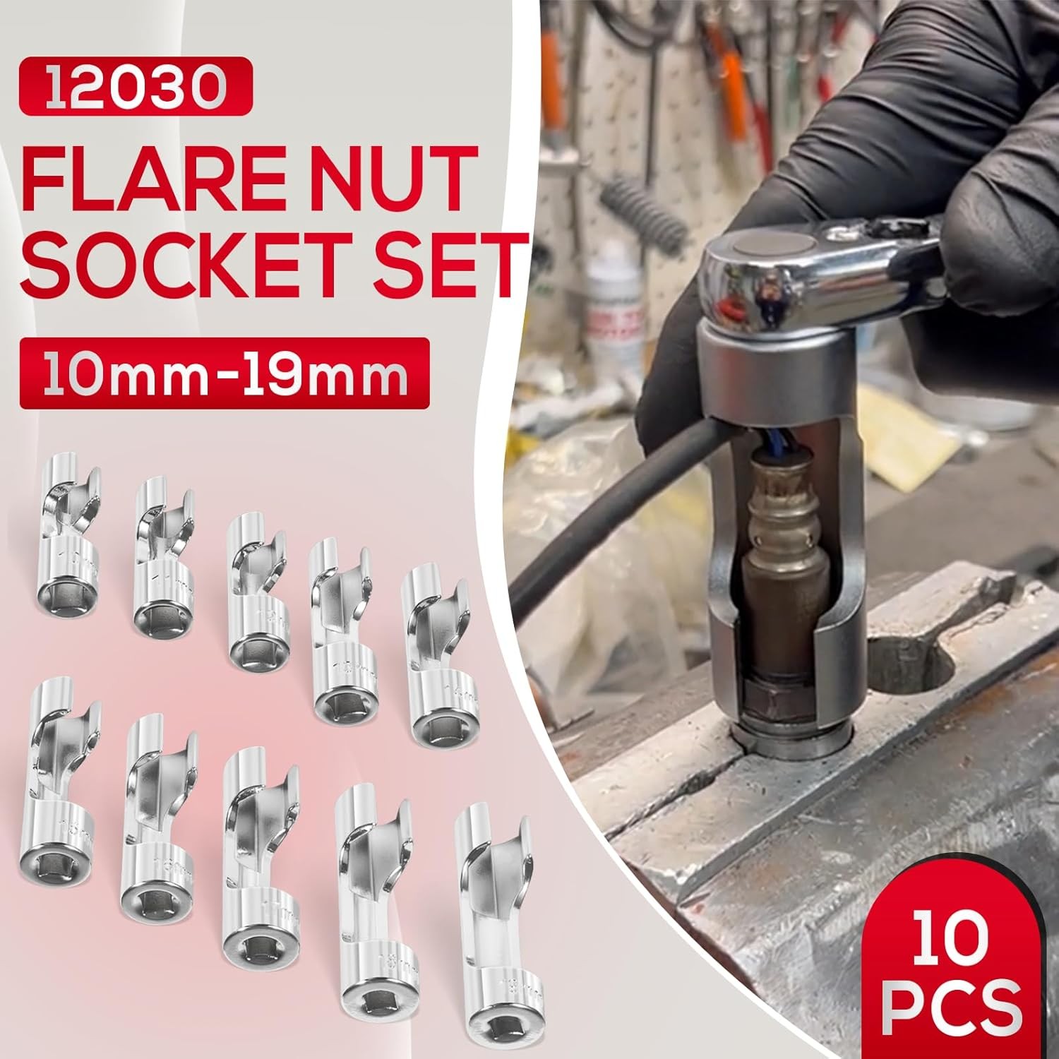 12030 10 Piece 3/8″ Drive Metric Flare Nut Socket Set 10mm-19mm