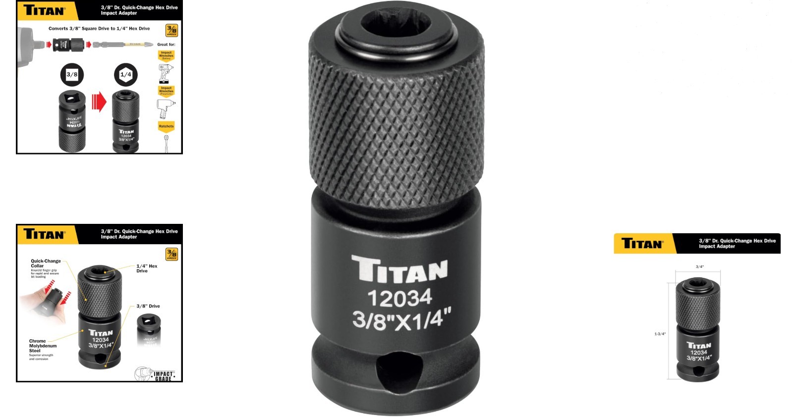 3/8″ Square Drive to 1/4″ Hex Impact Adapter Chrome Molybdenum Steel