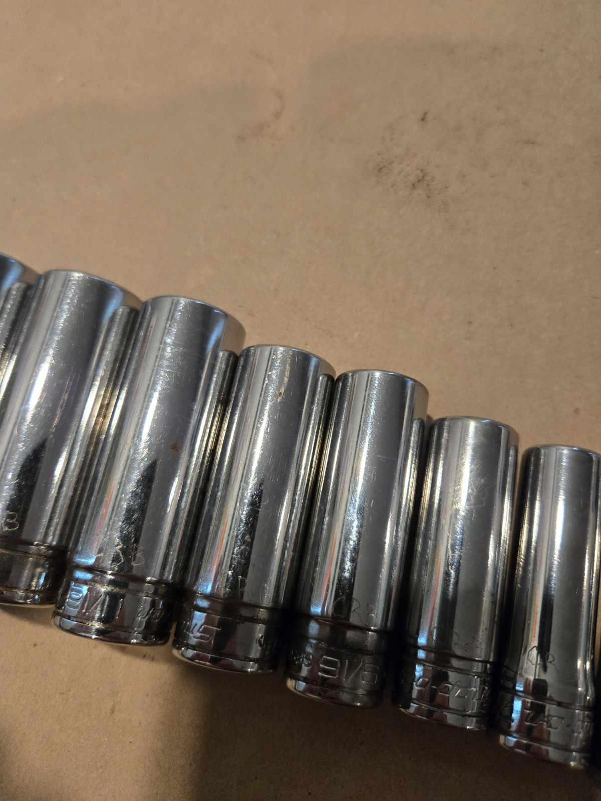 Snap On 3/8″ Drive 1/4″-7/8″ 6PT SAE Deep Chrome Sockets USA With Rack Lot Of 11