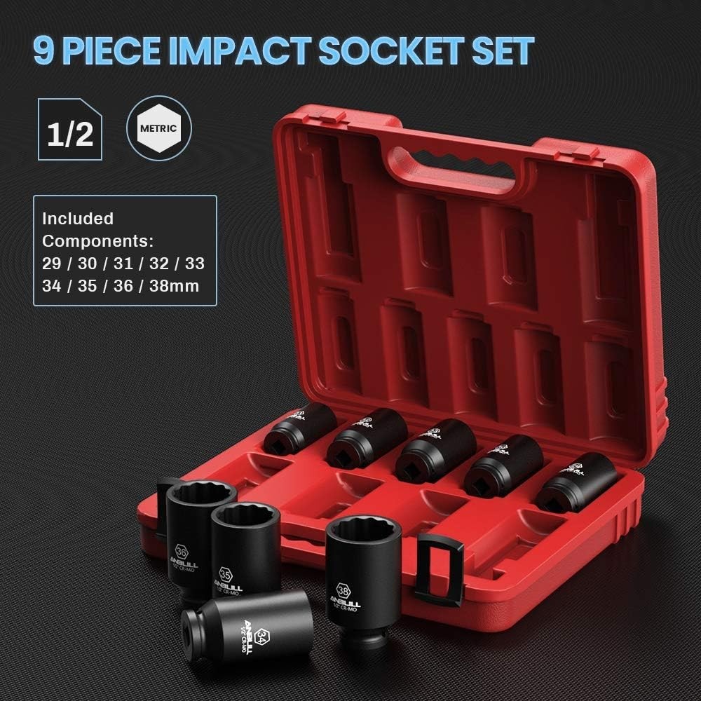 Heavy Duty 1/2″ Deep Impact Socket Set 9PC CR-MO 12-Point Anti-Corrosion
