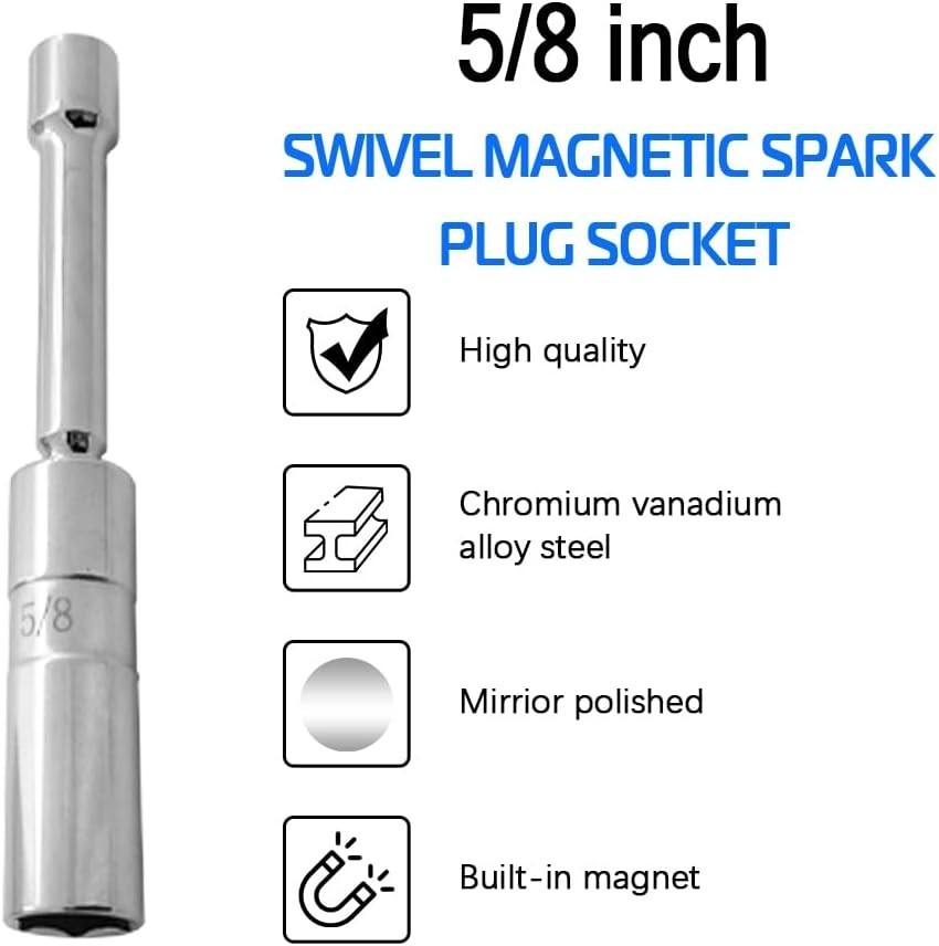 Thin Wall 5/8″ Magnetic Spark Plug Socket – 6-Point, 3/8″ Drive, 6-Inch Length