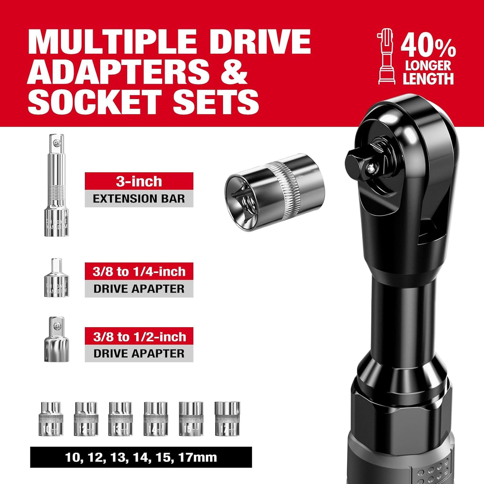 3/8″ Cordless Ratchet Wrench Set, 60FT-LBS(80N.m) Electric Ratchet, 12V Extended