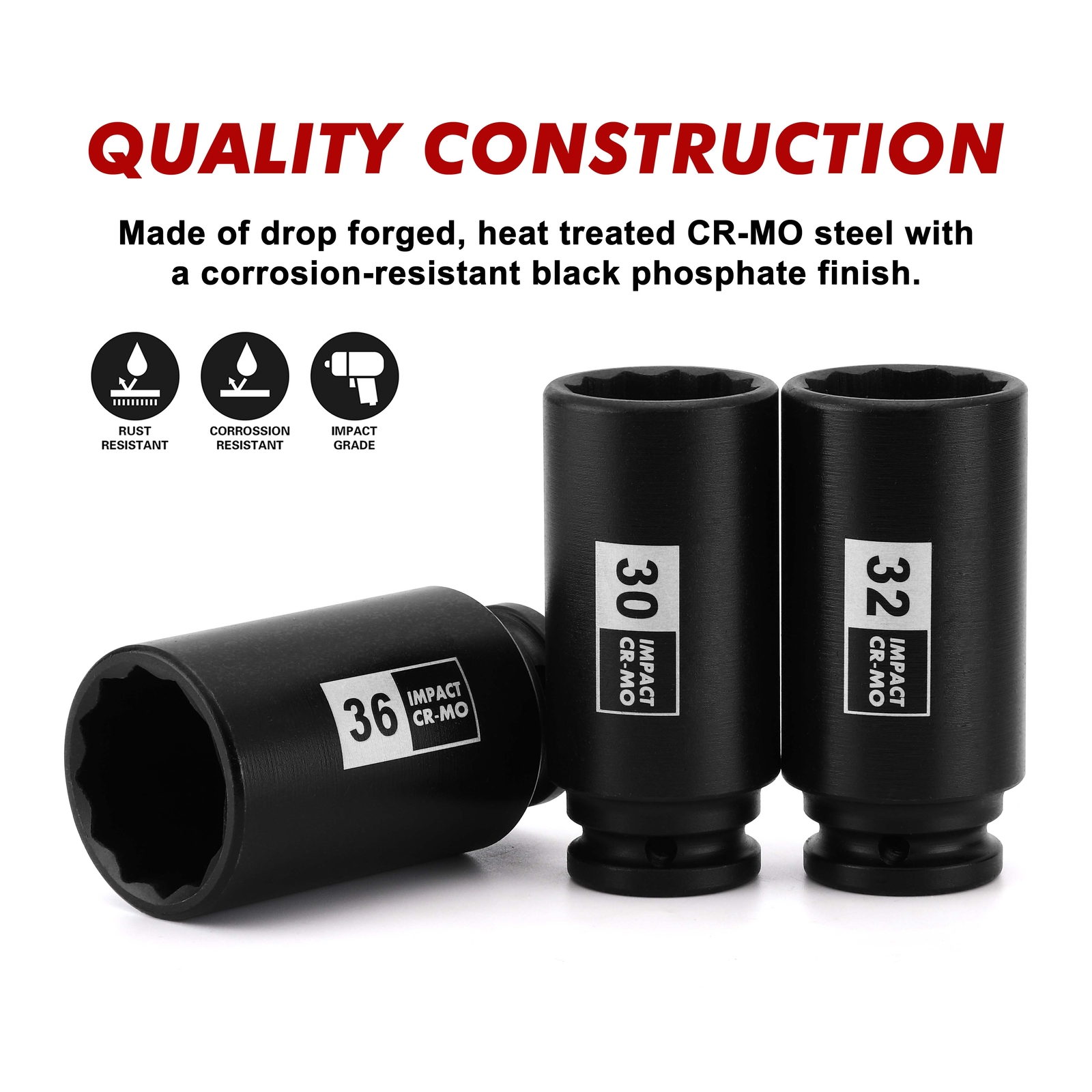 1/2″ Drive Deep Spindle Axle Nut Impact Socket Set,12 Point CR-MO, 30,32,34,36mm