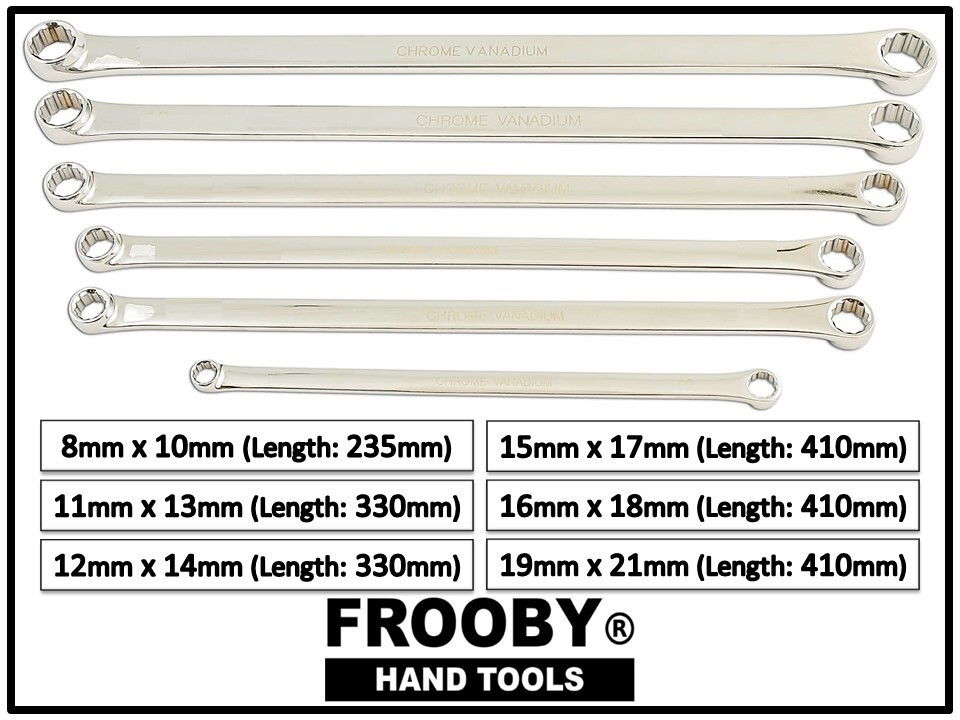 6PC PRO EXTRA LONG FLAT DOUBLE RING SPANNER SET 8mm-21mm LONG REACH WRENCH 23-72
