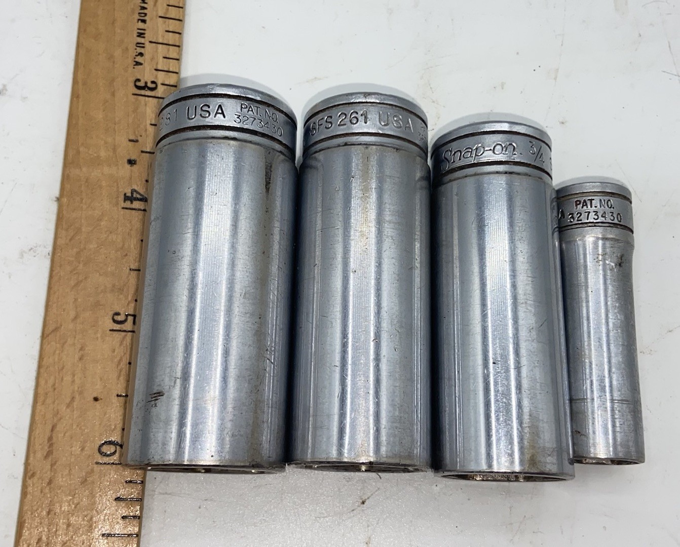 Snap-On 3/8″ Drive SAE Socket Deep Well 6 PT 4 pieces 7/16”, 7/8”, 3/4”, 13/16”