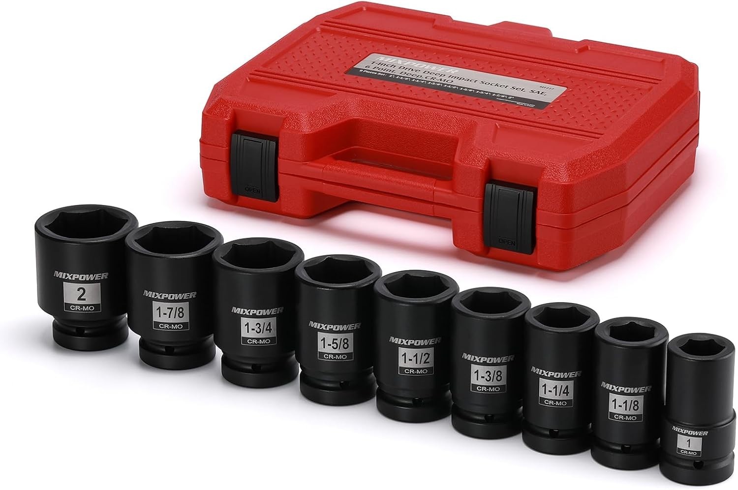 9-Piece 1″ Drive CR-MO Deep Impact Socket Set – Durable Black Phosphate Finish