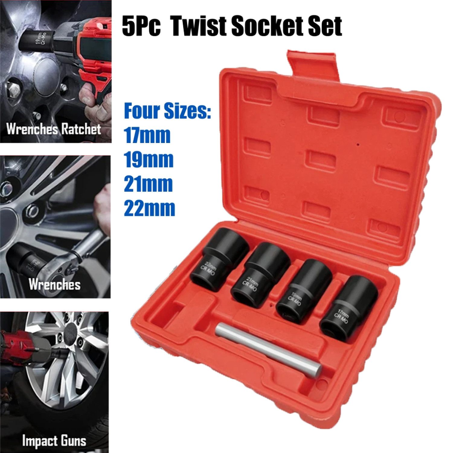 5pcs Twist Socket Kits 1/2» Drive Wheel Lock Nut Removal Tool Set 17 19 21 22mm
