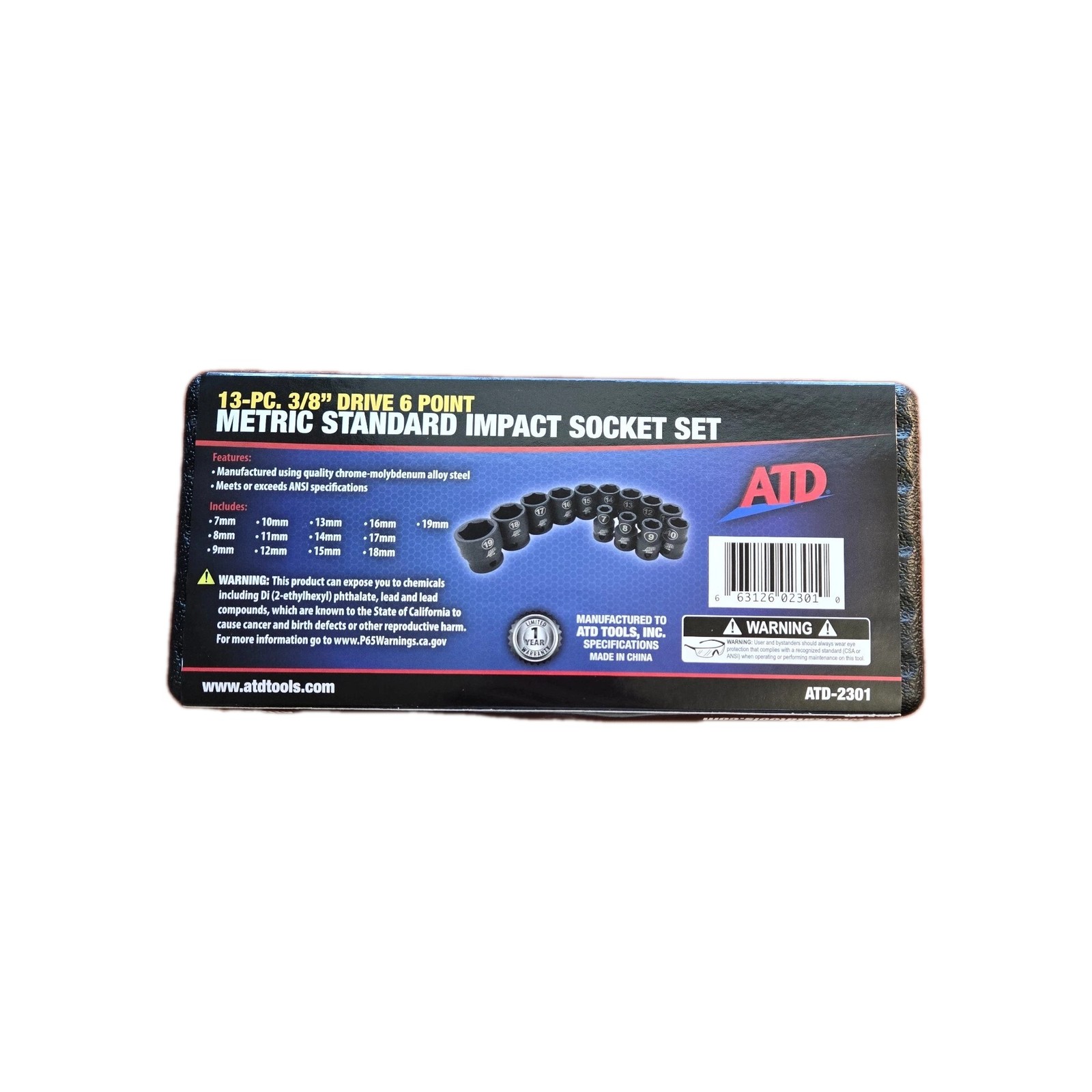 ATD-2301 – 13 Pc. 3/8″ Drive 6 Point Metric Standard Impact Socket Set