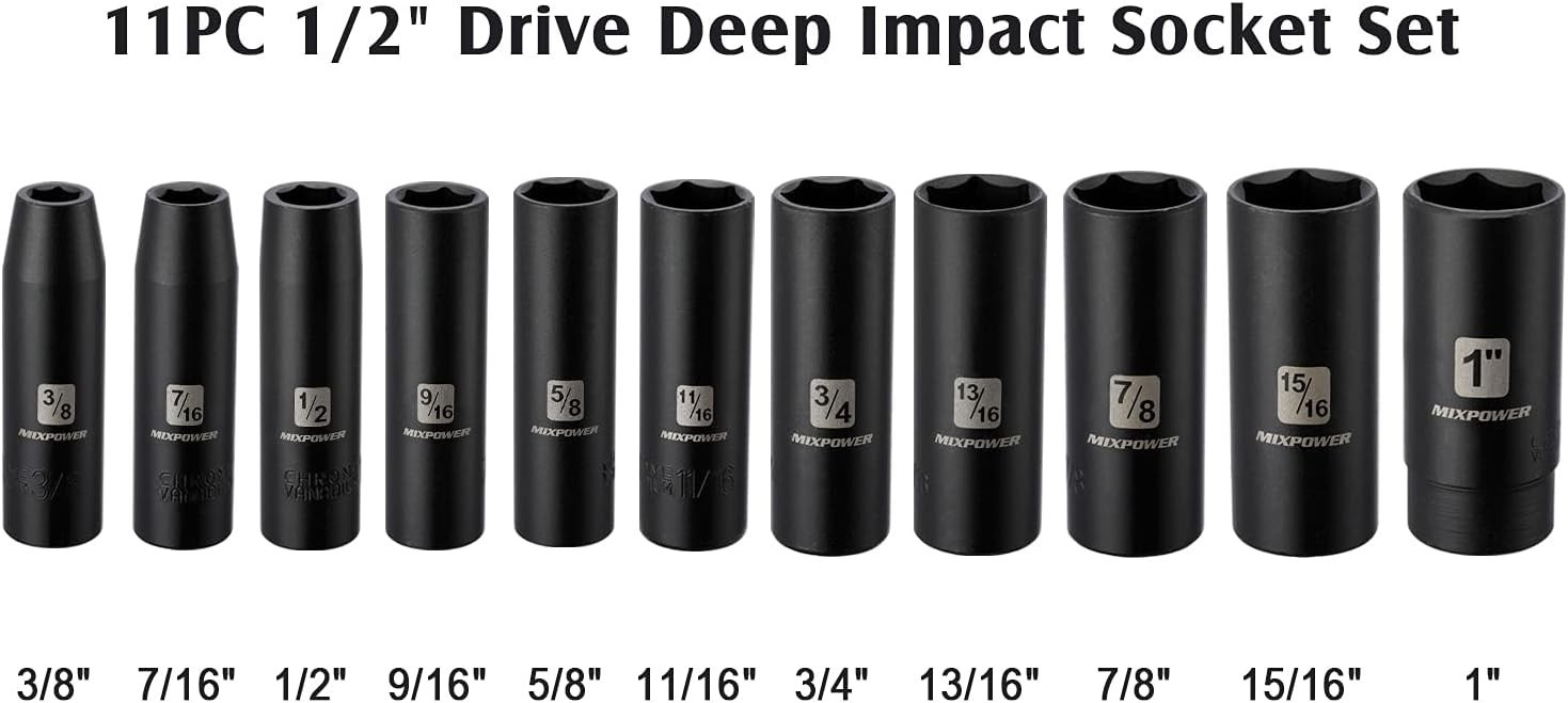 11 Pieces 1/2-Inch Drive Deep Impact Socket Set, 3/8-Inch to 1-Inch, CR-V, SA…