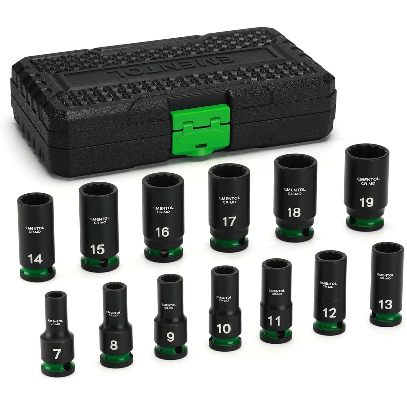3/8″ Drive Impact Socket Set Semi-Deep Socket 13PCS Metric 7-19mm 12 Point CR-MO