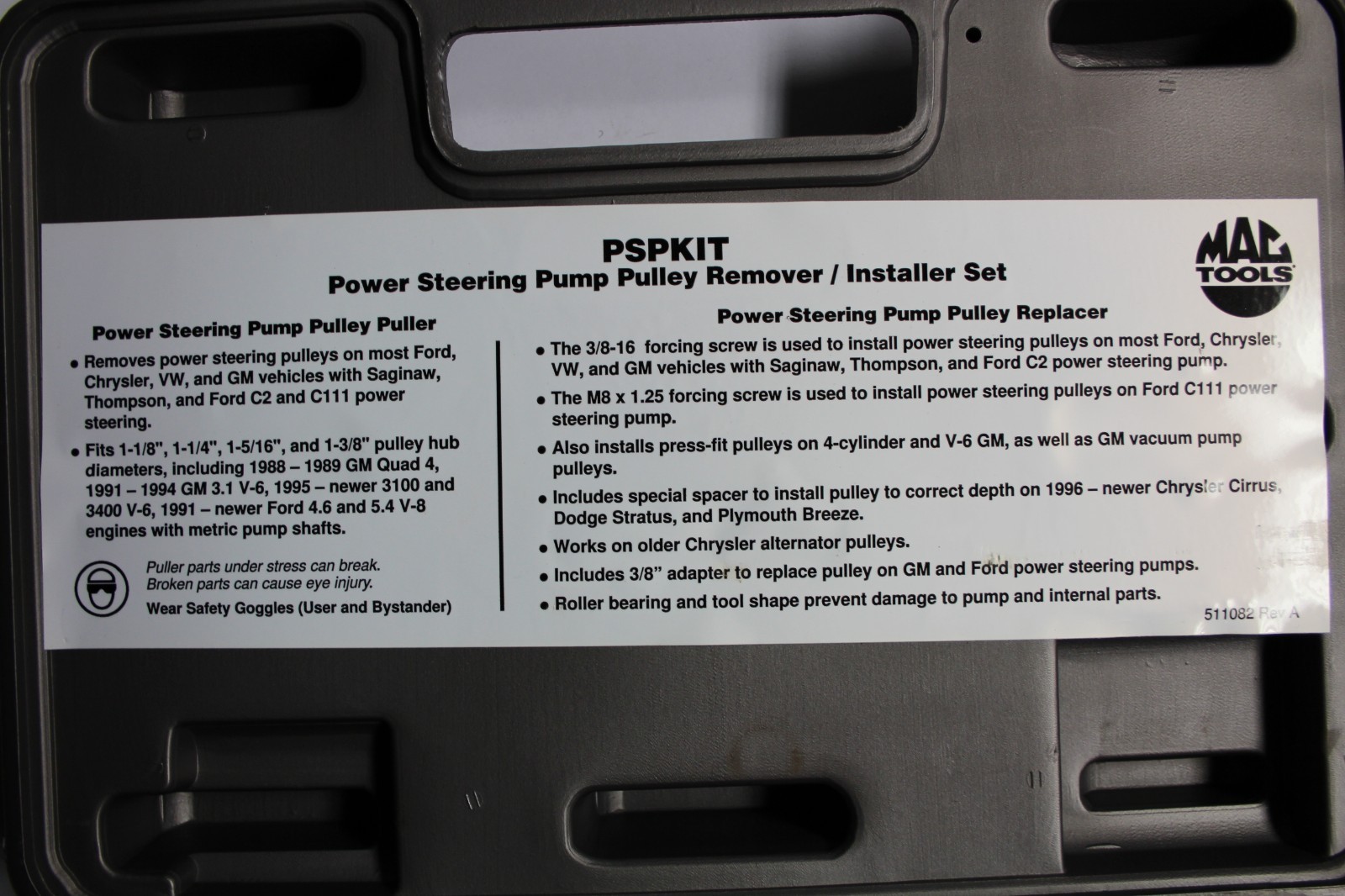MAC TOOLS PSPKIT Power Steering Pump Pulley Service Set Case USA