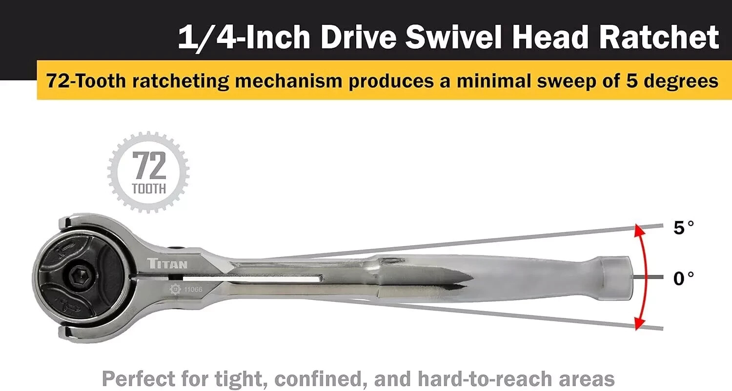 Titan Tools 11066 1/4″ Drive Round Swivel Head 72 Tooth Ratchet 5-5/8″ Long