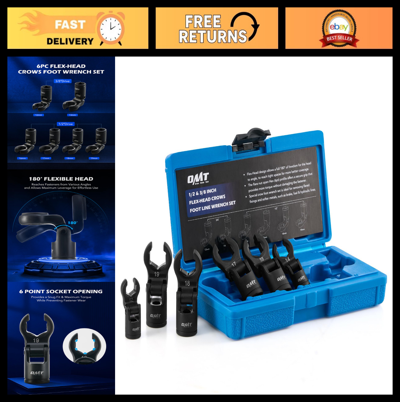 6pc Flex Head Crowfoot Wrench Set, 1/2″ & 3/8″ Drive, Metric 12-19mm Nuts, Stora