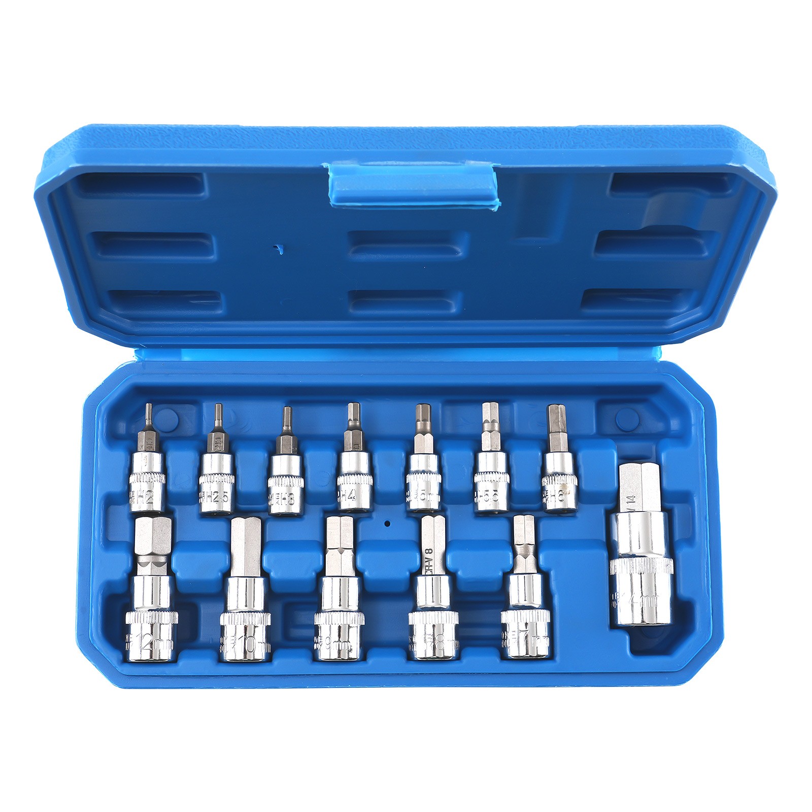 1/4 3/8 1/2 Drive 13pc Metric Hex Socket Bit Set CR-V S2 Steel 2mm to 14mm Case