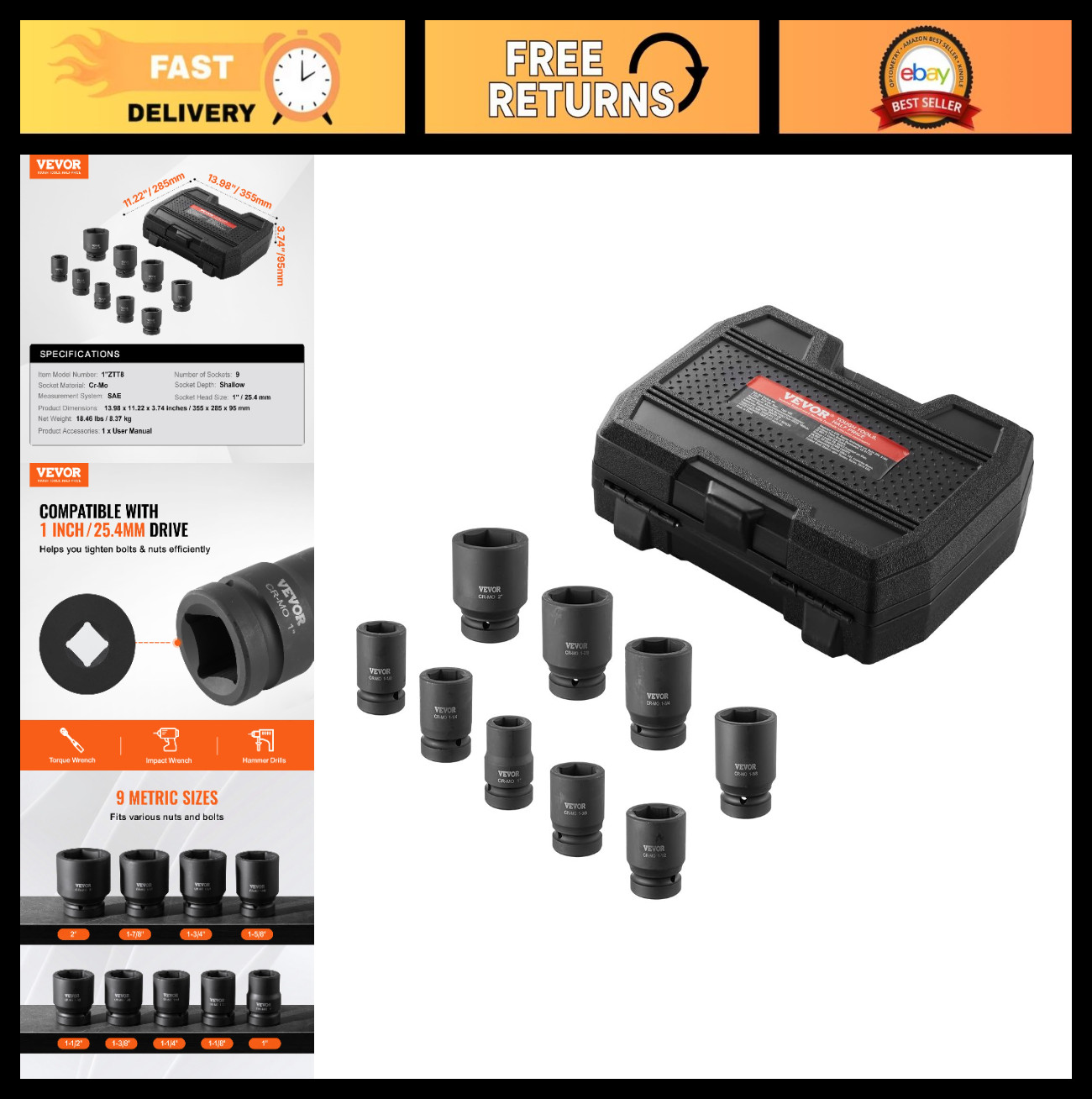 9-Piece 1″ Drive Axle Nut Impact Socket Set – 6-Point CR-MO Heavy Duty with Case