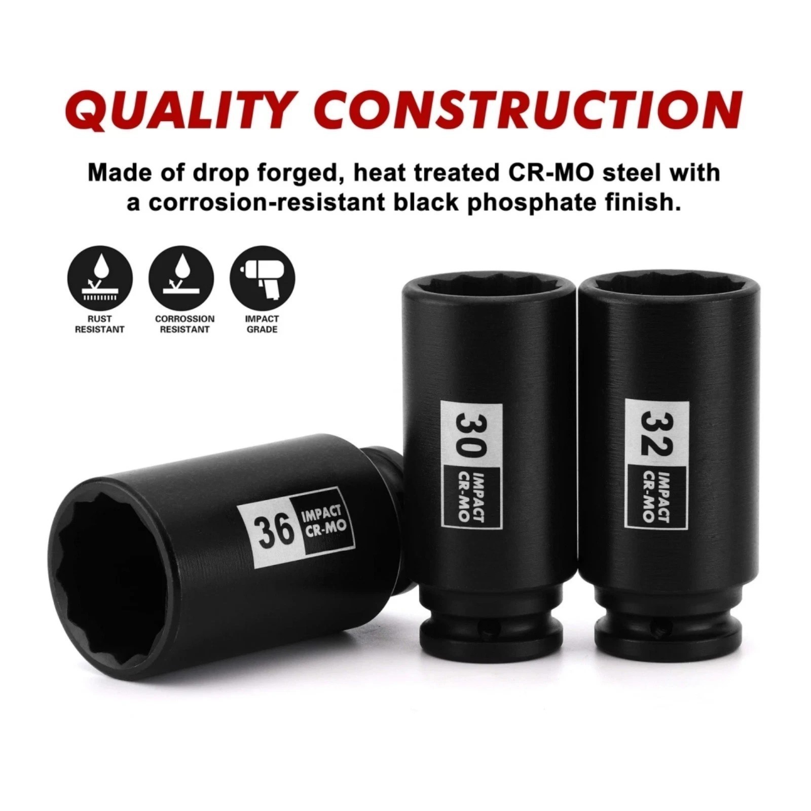 4pc 1/2″ Deep Impact Socket Set CR-MO – Axle Nut Spindle Sizes 30,32,34,36mm US