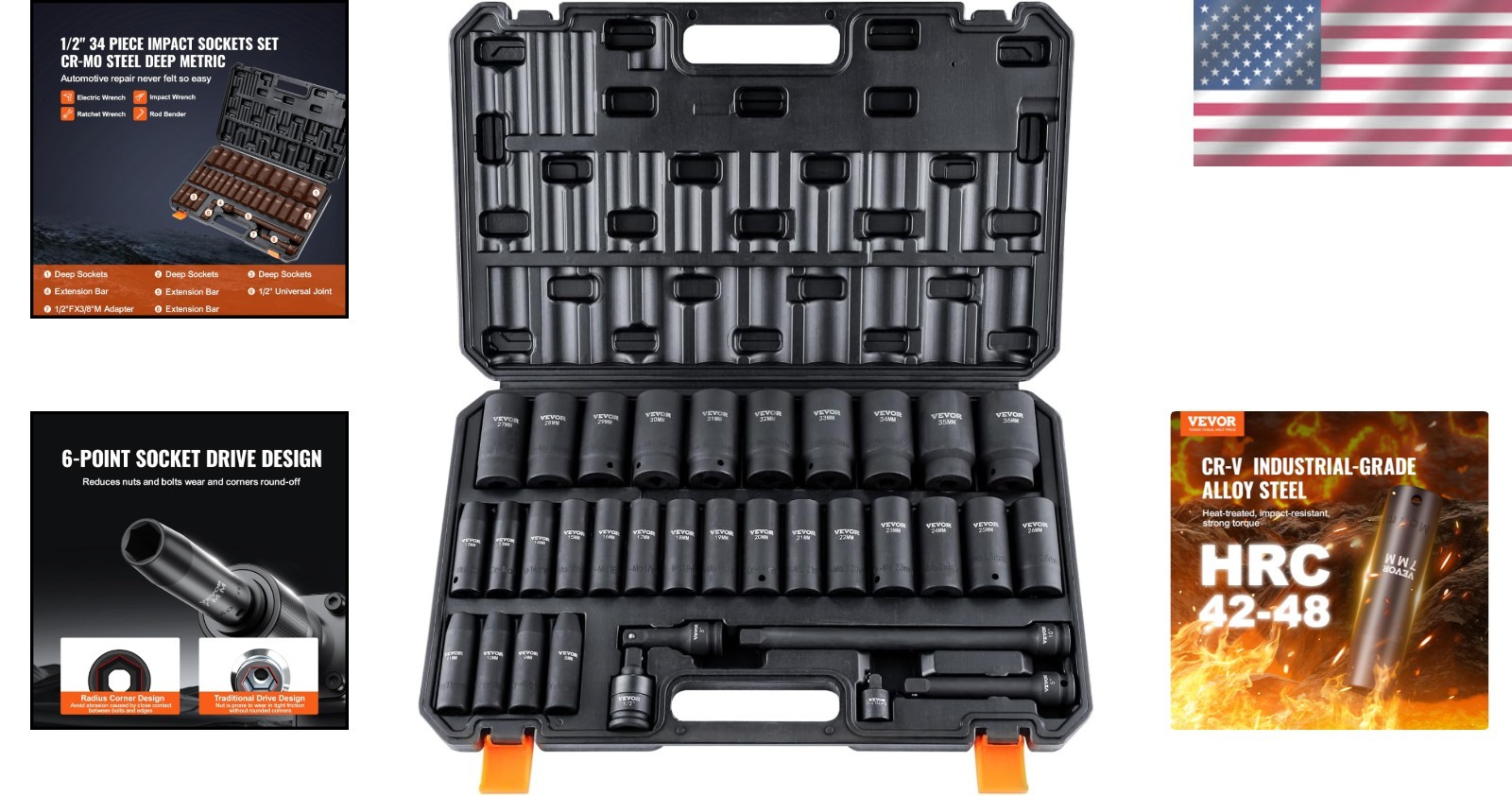 34 Piece 1/2″ Drive Impact Socket Set, Metric 8-36mm
