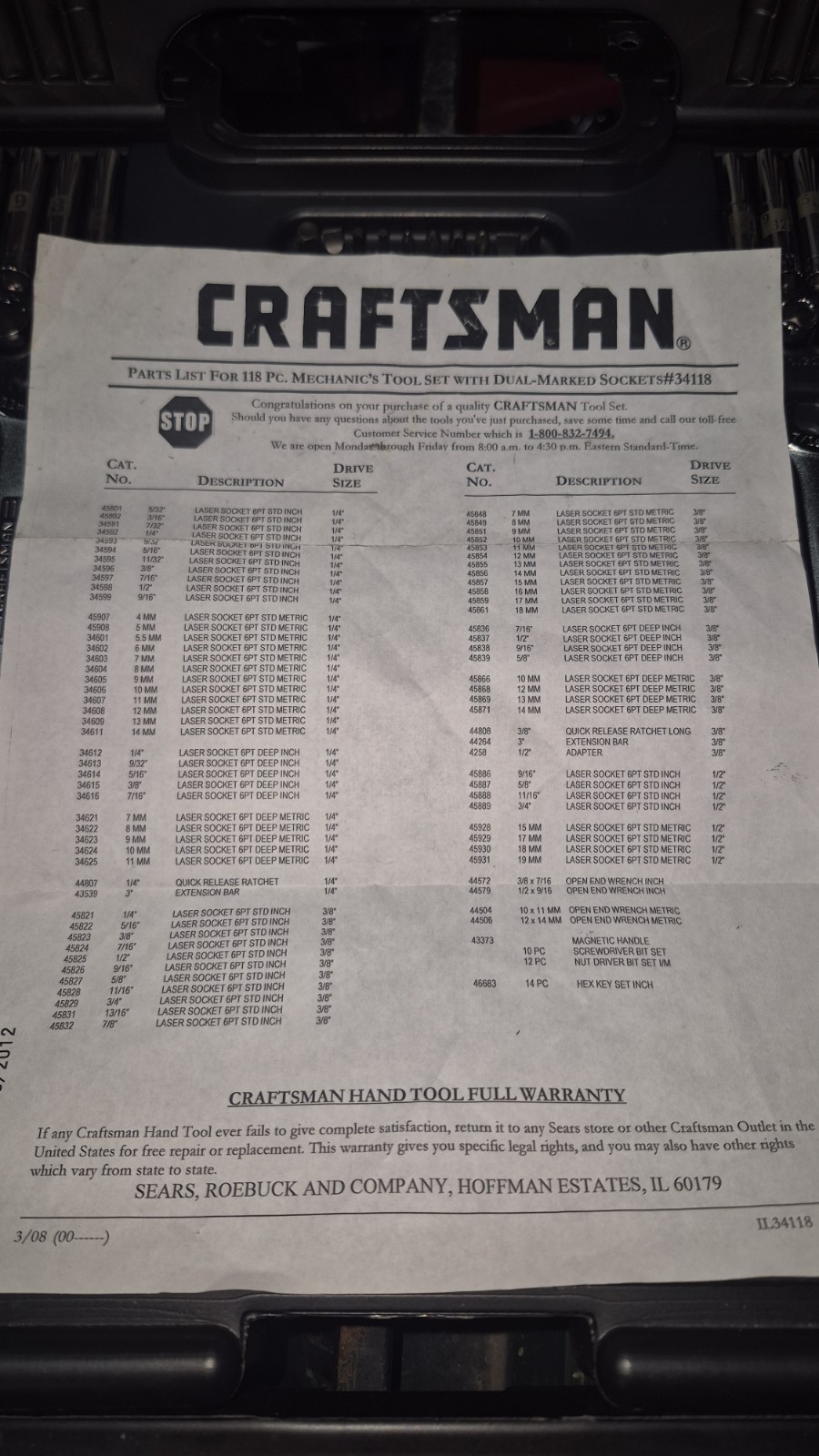 Complete Craftsman 34118 118pc Metric & SAE Socket Set 1/4″ 3/8″ 1/2″ Drive USA