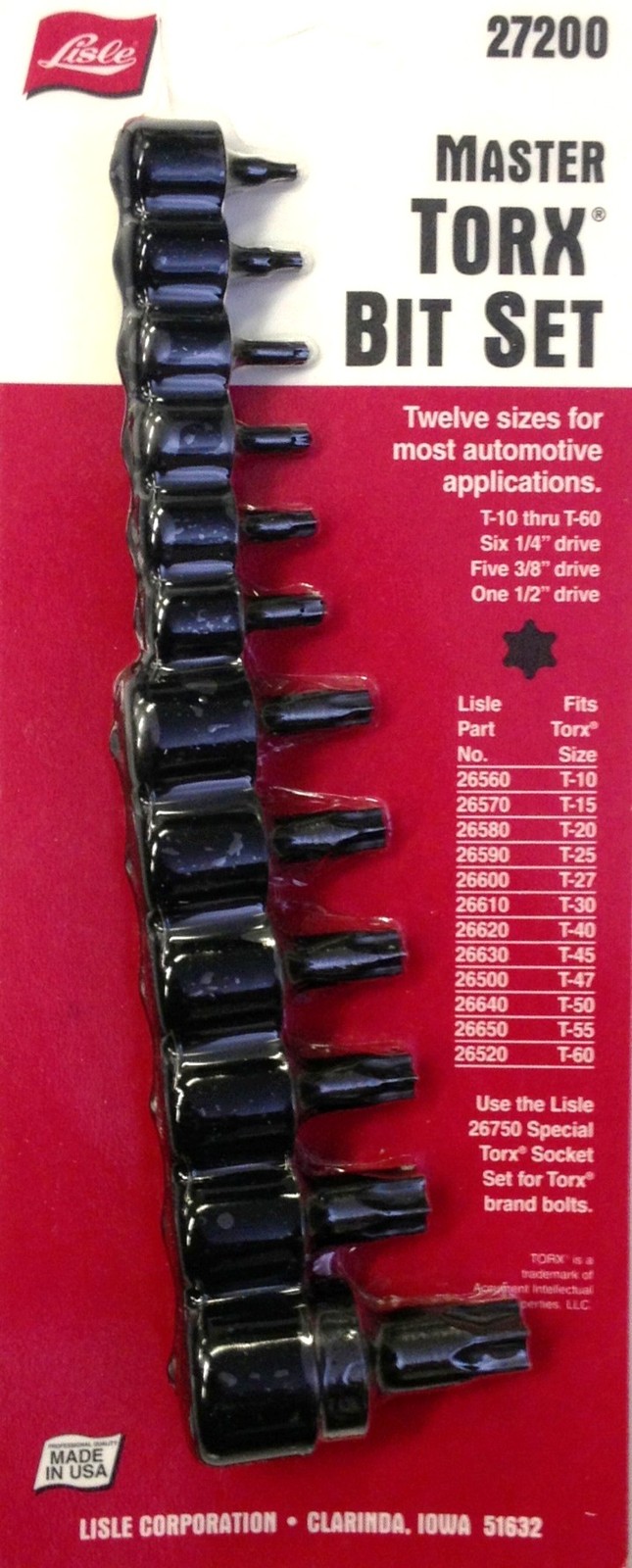 Lisle 27200 12pc Master Torx Bit Set Sizes T10 – T50 for Automotive Applications