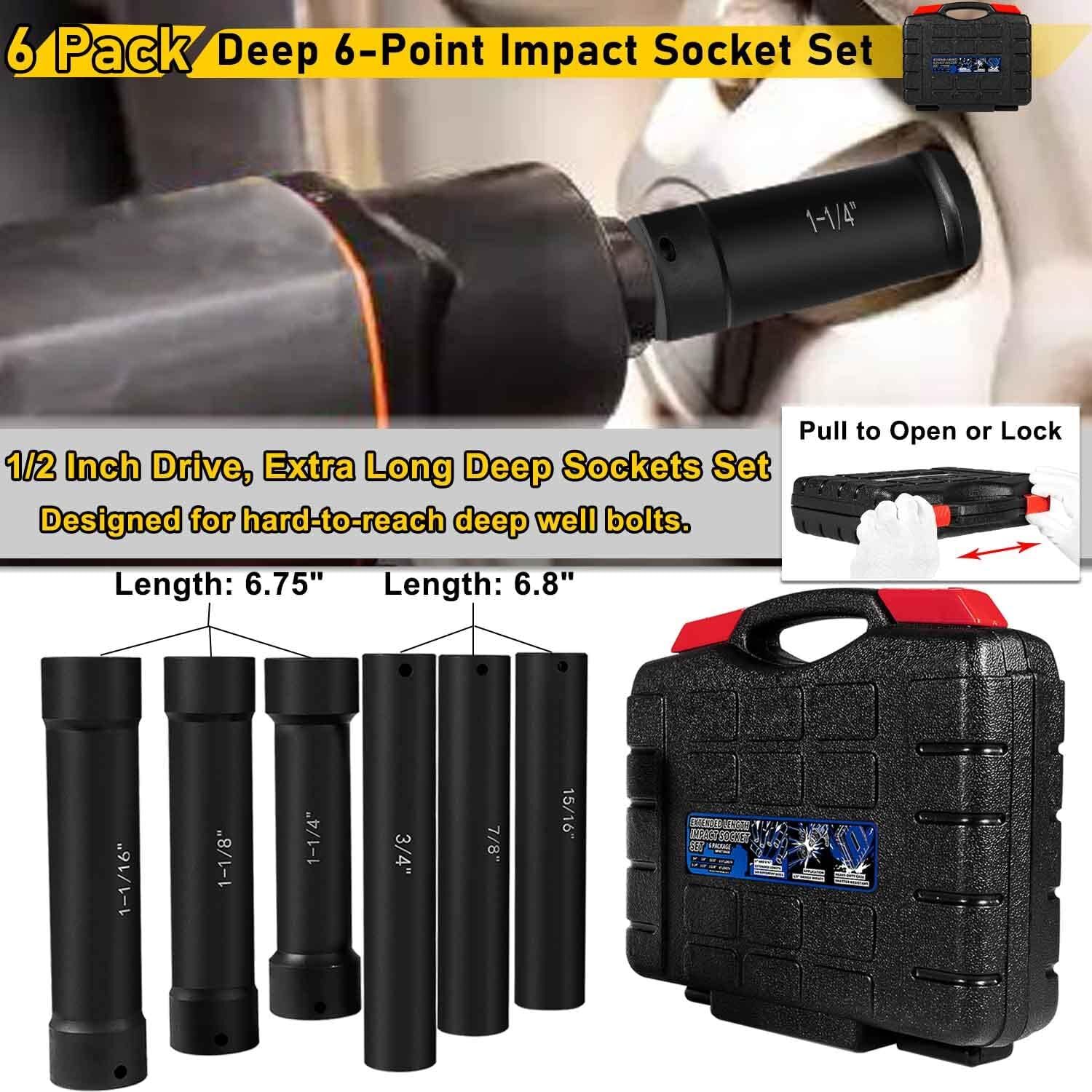 1/2» Drive Heavy Duty Extended Length Extra-Deep Length Impact Socket Set Black