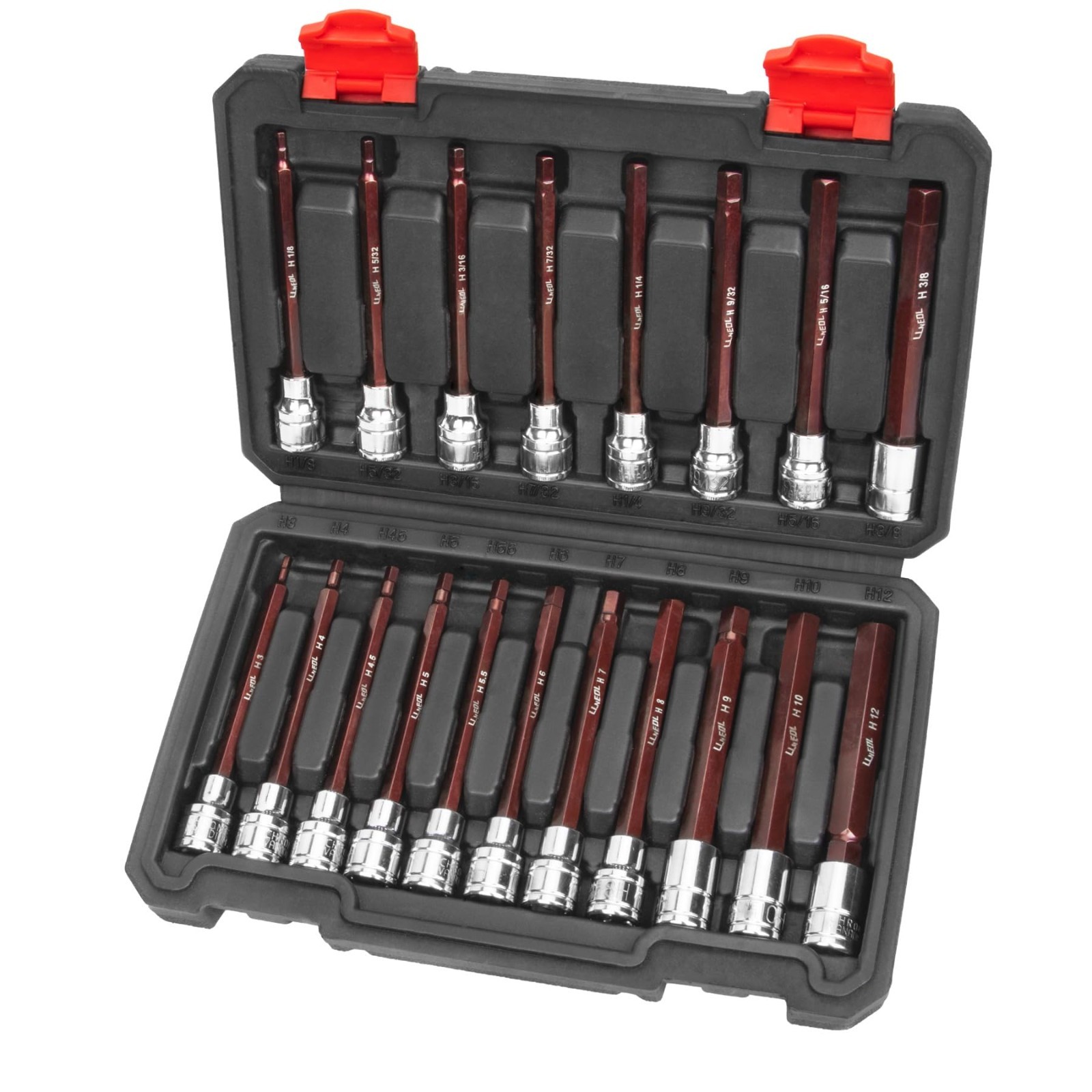 19-Piece Long Allen Hex Bit Socket Set, 3/8″ Drive, SAE & Metric Sockets, Durabl