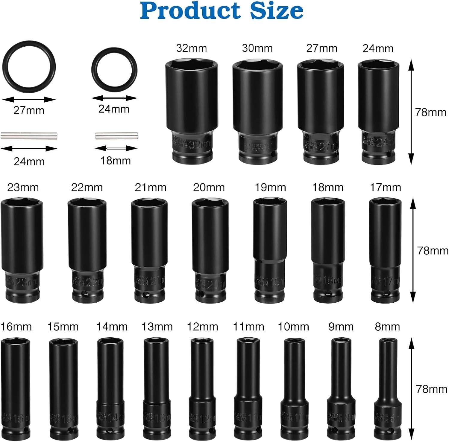 20Pcs Heavy Duty Deep Impact Socket Set 1/2 Inch Drive 6 Point Metric 8mm-32mm
