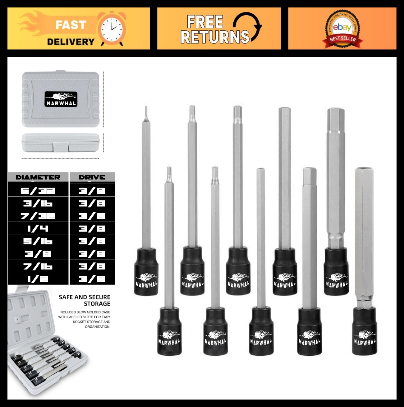 Extra Long Hex Bit Socket Set (10 Pack) – 6″ Allen Wrenches, 3/8″ Drive Sizes 1/