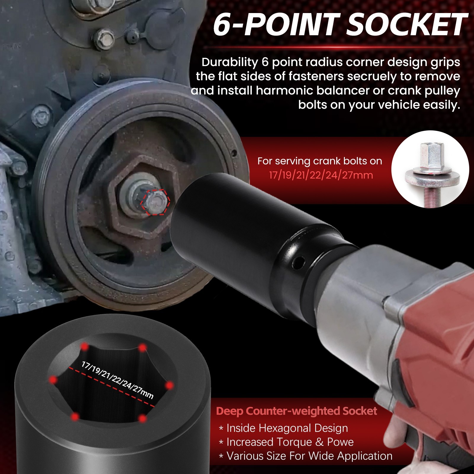 6 Pack Crank Bolt Socket Set 17/19/21/22/24/27mm Harmonic Balancer Impact Socket