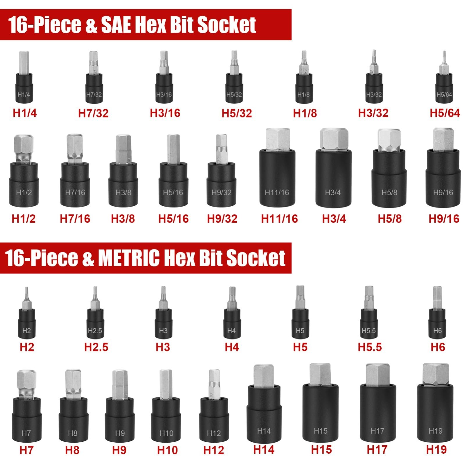 32-Piece Hex Impact Bit Socket Set, SAE & Metric, 1/4″ 3/8″ 1/2″ Drives, S2 Stee