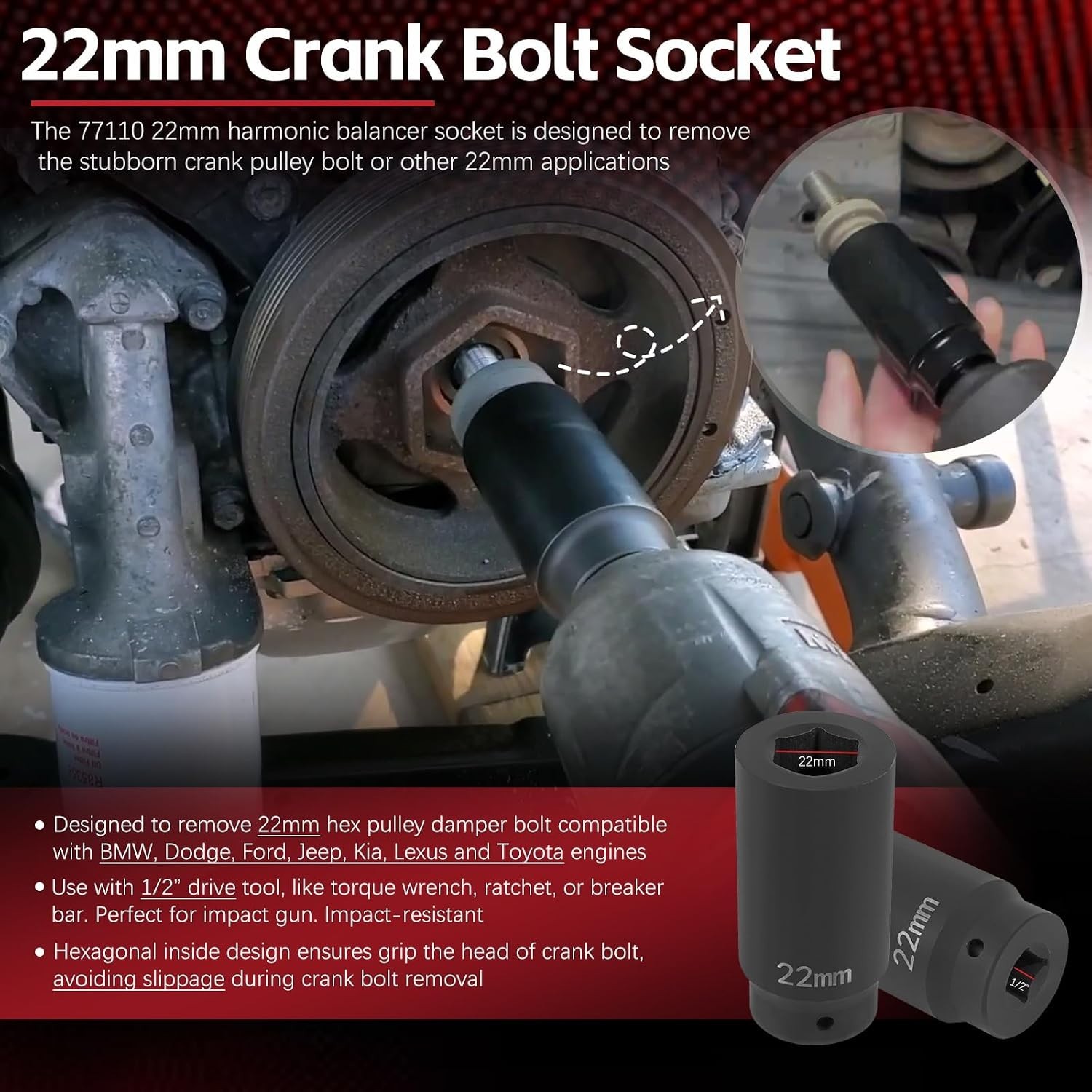 Professional 22mm Harmonic Balancer Socket for Auto Enthusiasts & Mechanics