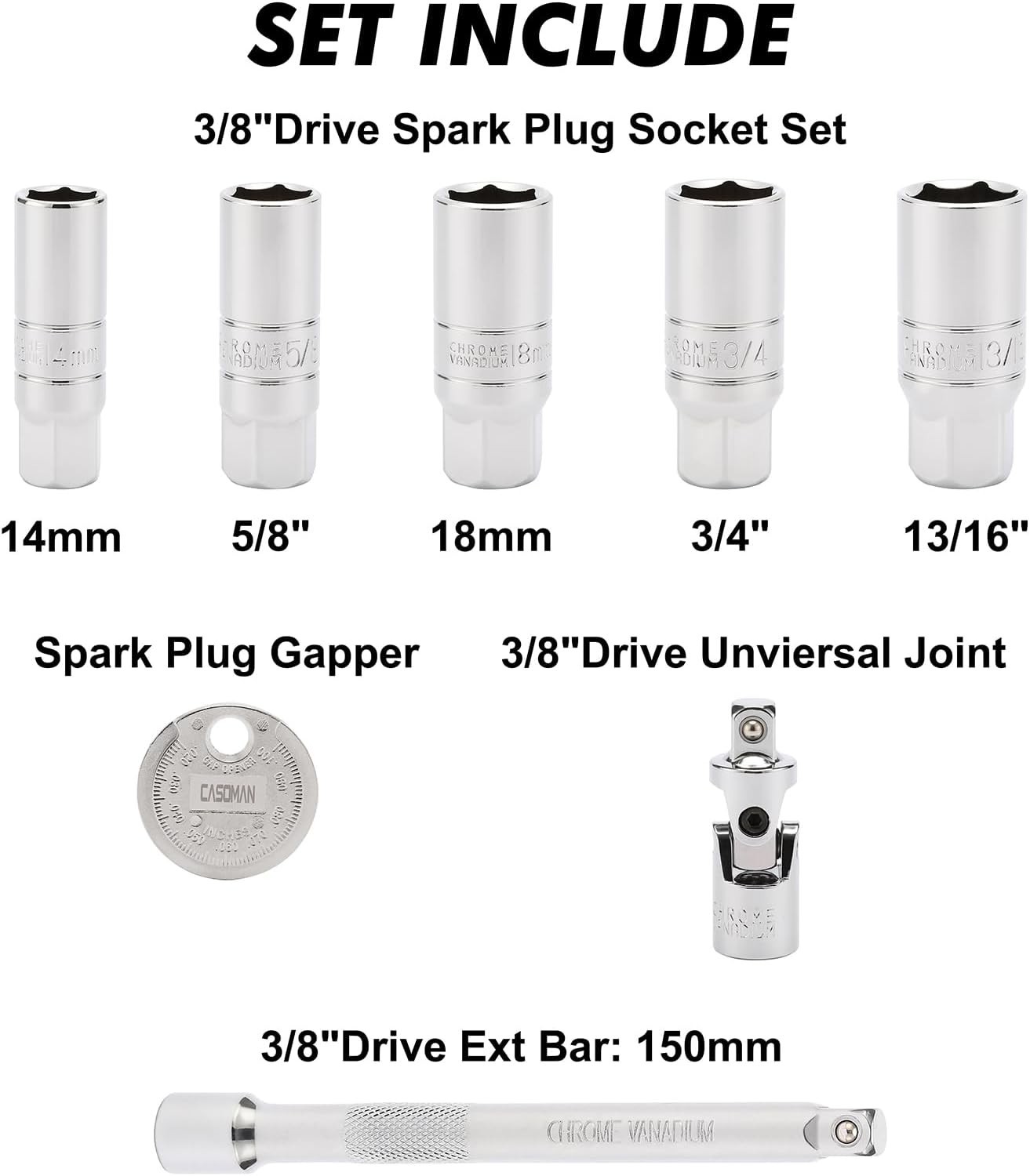 Precision Spark Plug Socket Set with 6-Inch Extension – 3/8-Inch Drive, 8 Pieces