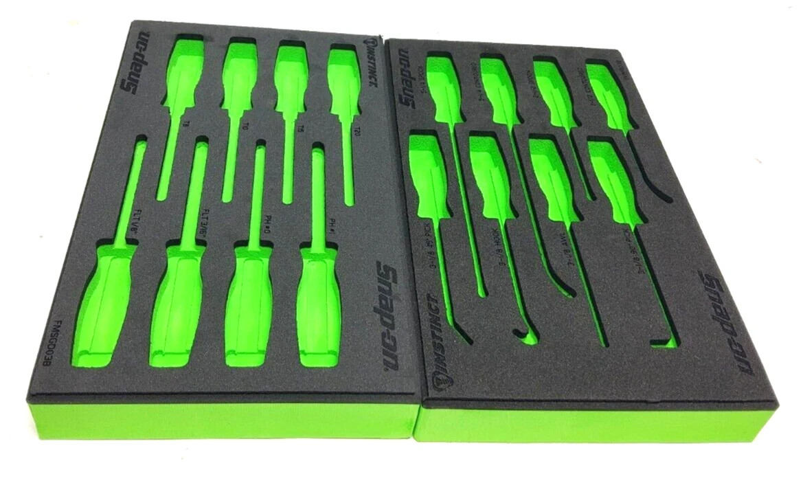 Snap-on Tools NEW 2pc GREEN FOAM ORGANIZERS Mini Screwdriver / Pick / Seal Sets