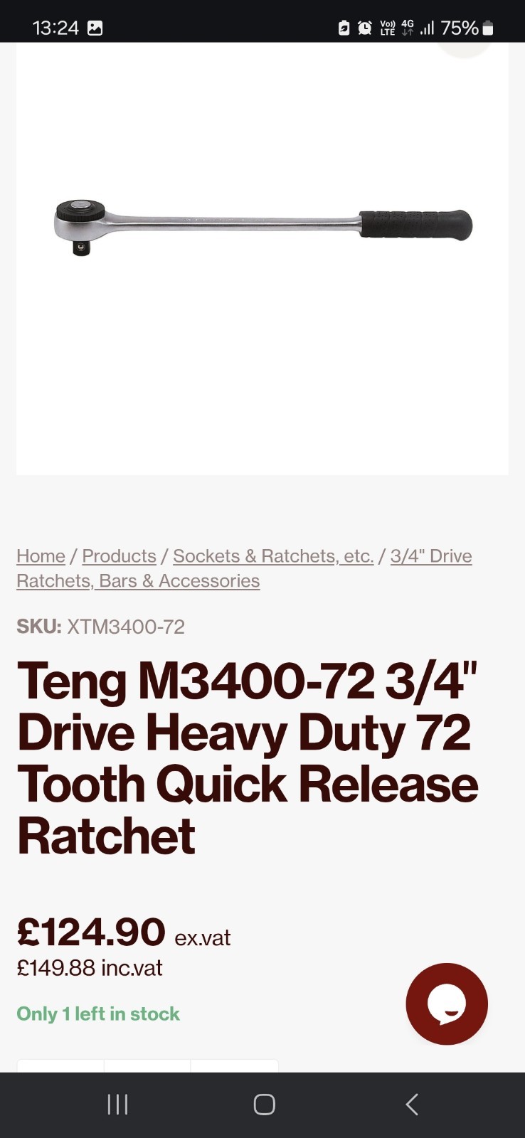 BARGAIN TENG TOOLS M3400 – 72 TEETH 500MM HEAVY DUTY RATCHET 3/4 INCH DRIVE
