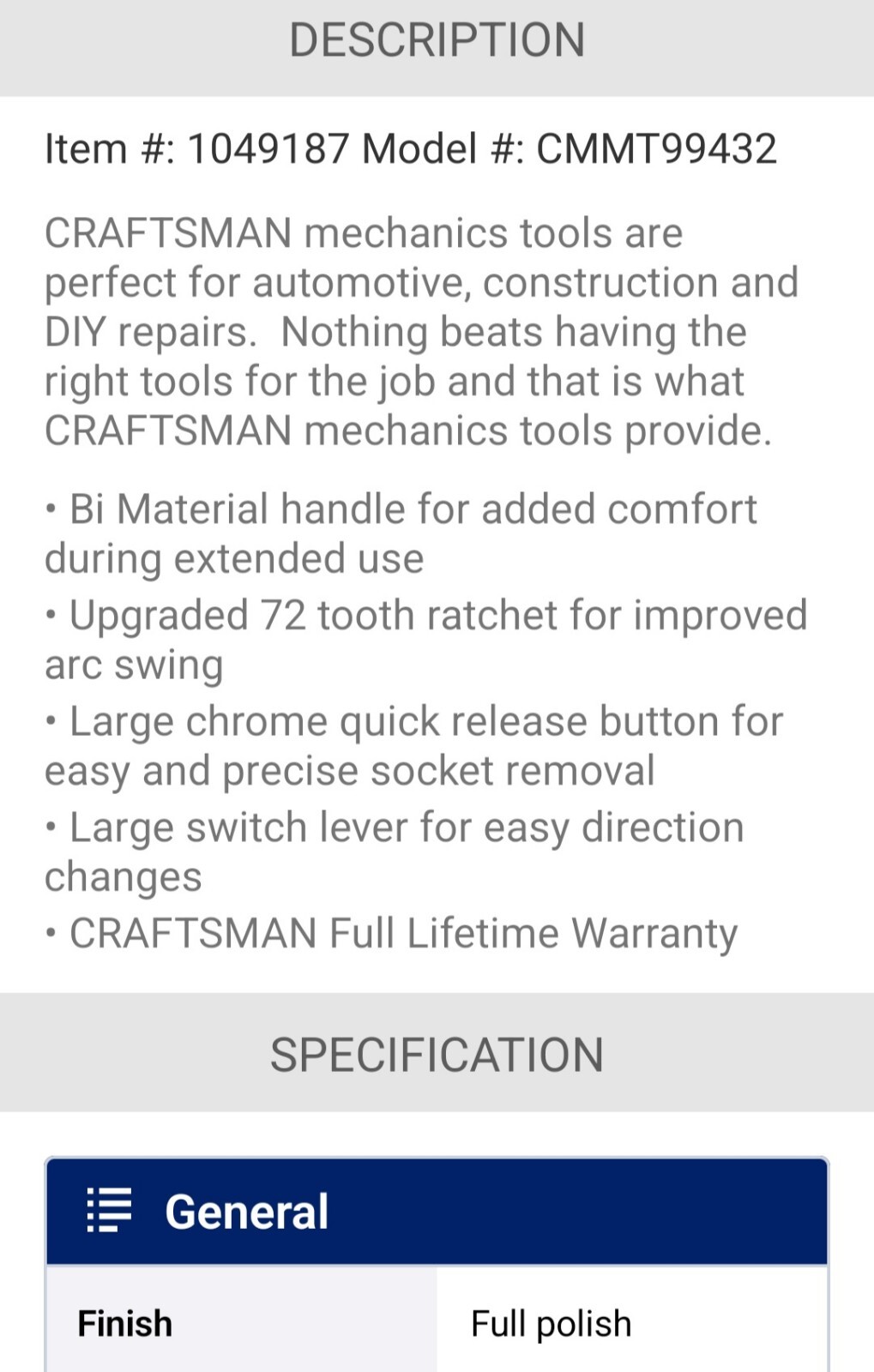 Craftsman 1/2″ Drive 72 Tooth Bi-Material Handle Ratchet CMMT99432 ($52 MSRP)