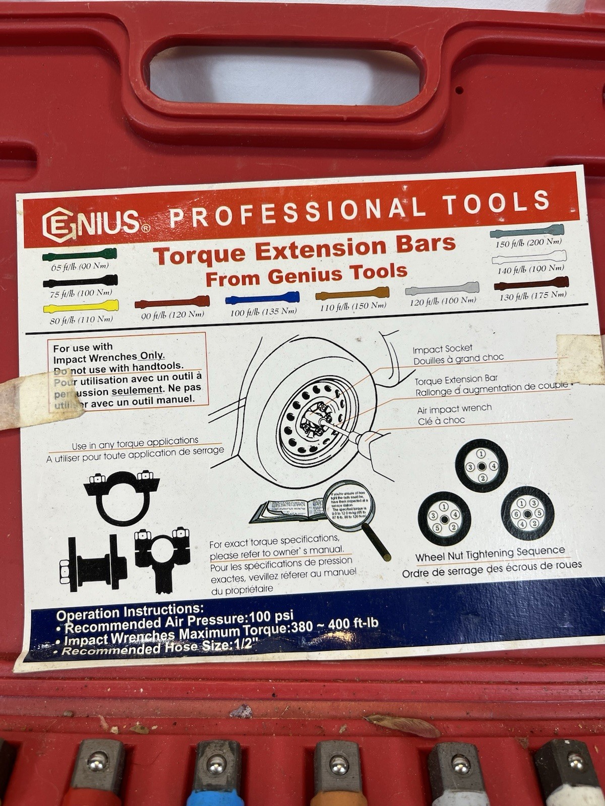 Genius Torque Extension Bars In Case Complete Set of 10 Pre-owned Excellent Cond