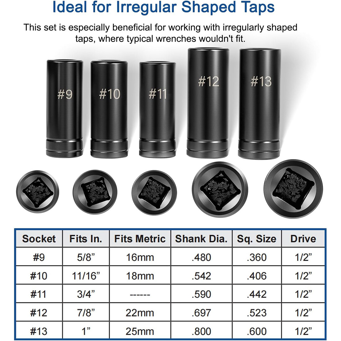71670 Large Tap Socket Set For 5/8″, 11/16″, 3/4″, 7/8″ and 1″ Taps, 1/2″ Drive