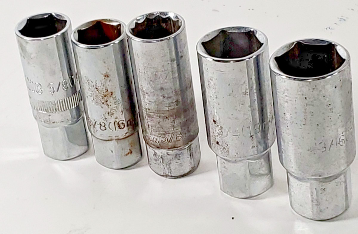 Lot Of 5 Spark Plug Sockets 3- 5/8″, 19mm, 21mm – 6 & 1 12pt