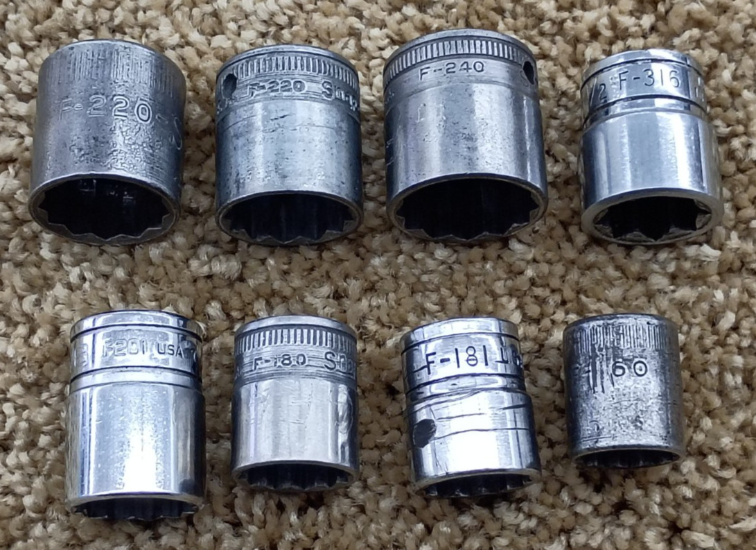 Lot of 8 Snap On F Series Vintage 3/8″ Drive 12PT SAE Sockets USA (2690)