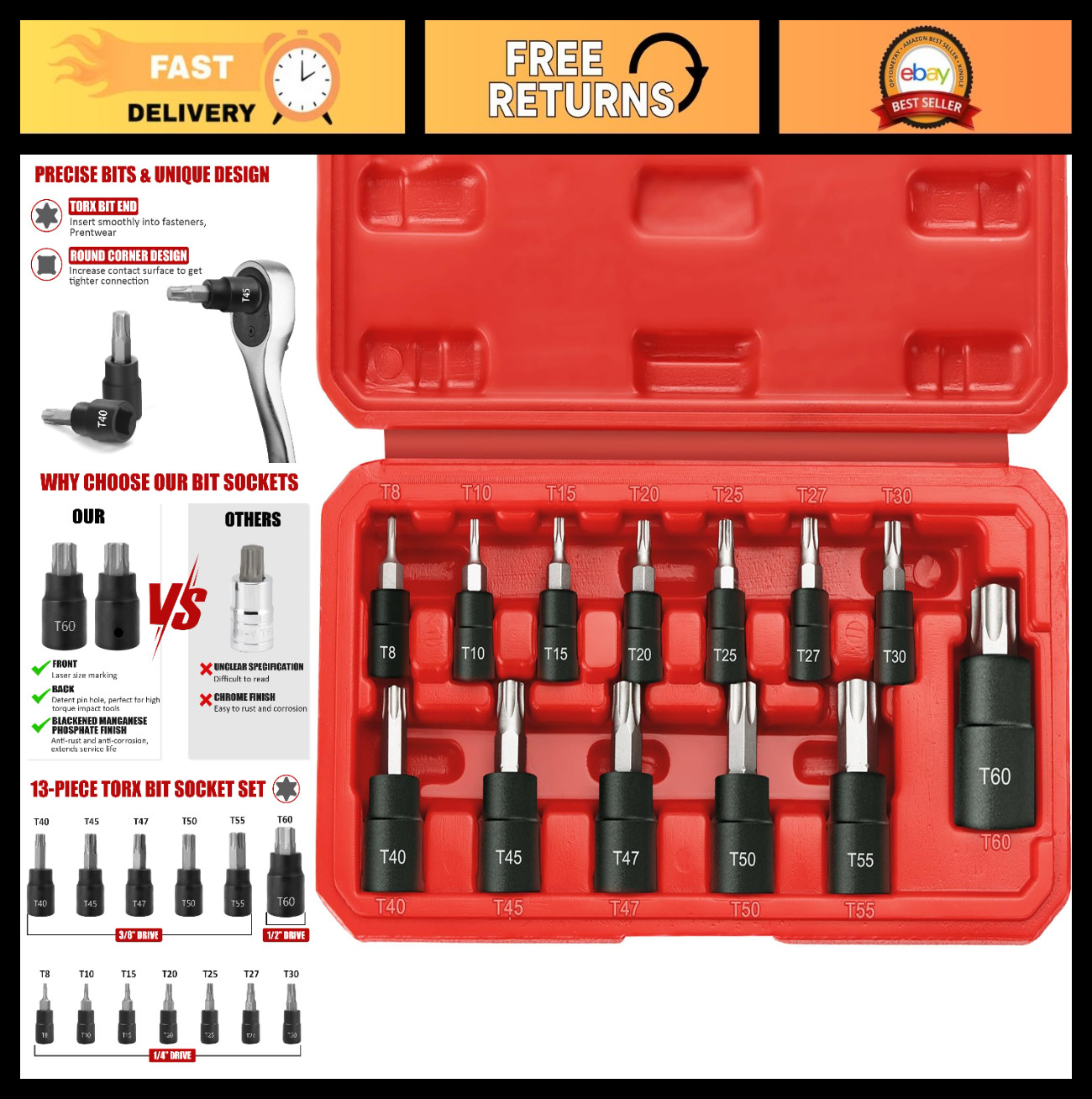 13-Piece Torx Bit Socket Set T8-T60, 1/4” 3/8” 1/2” Drive, S2 Steel & CR-V, Case