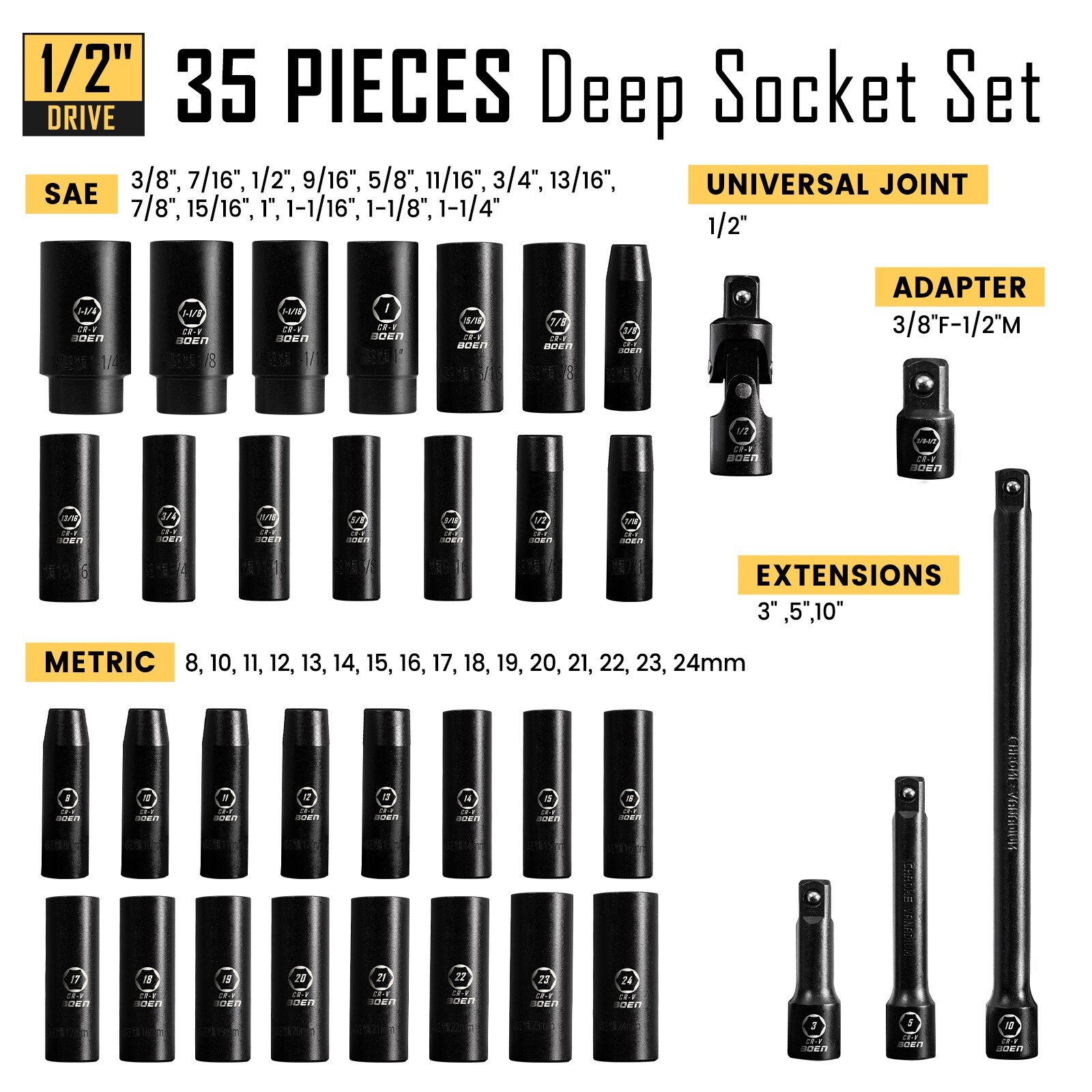 35Pcs 1/2″ Drive Deep Impact Socket Set,SAE 3/8″-1-1/4″,Metric 8-24mm,Cr-V Steel