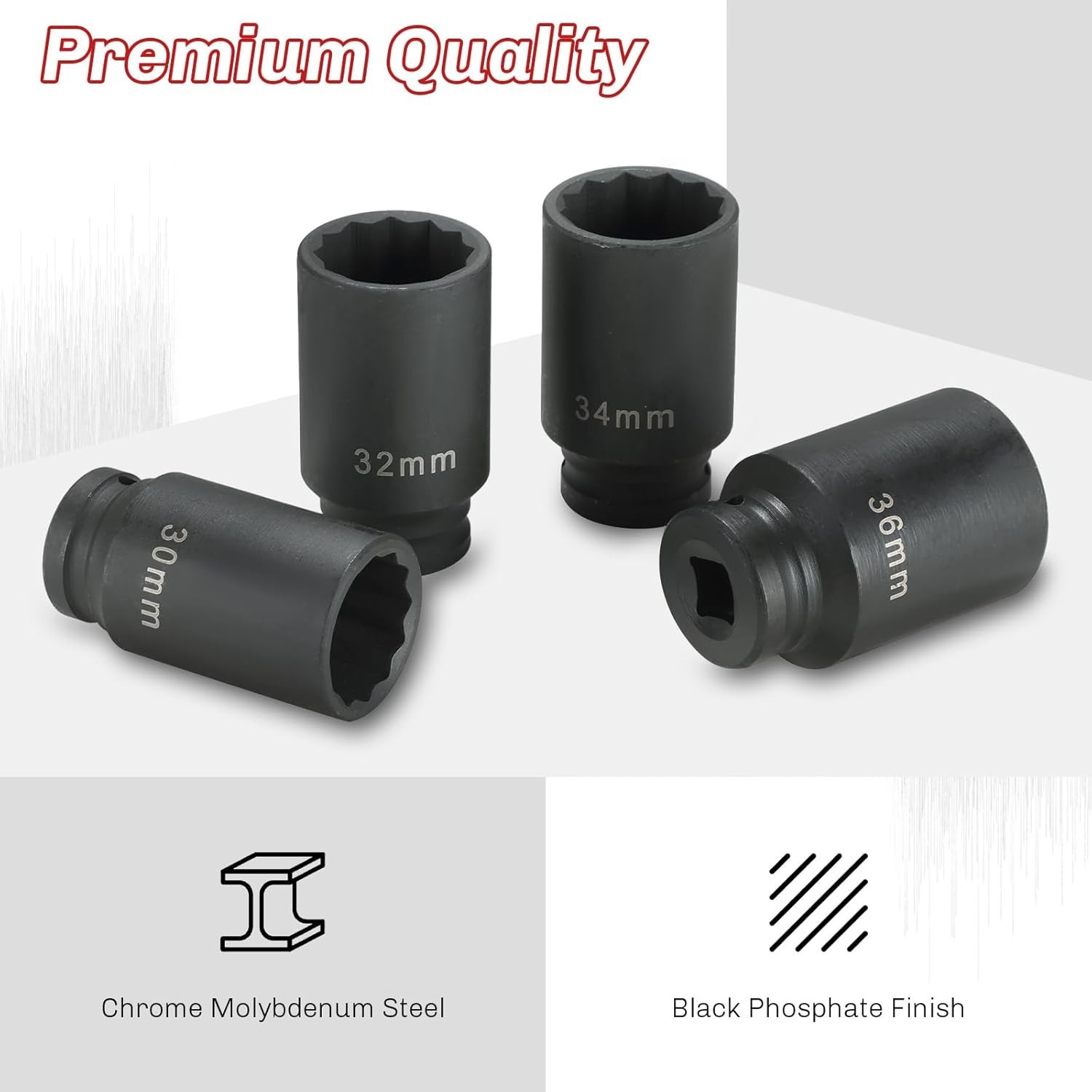 4PC Axle Nut Socket Set 30mm 32mm 34mm 36mm Deep Impact Sockets CR-MO