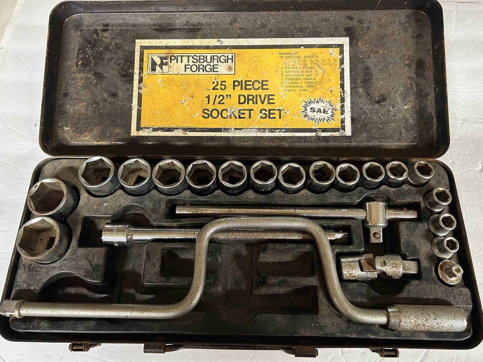 Vintage Pittsburgh Chrome Vanadium Socket Set Metal Box MISSING 3 Pieces