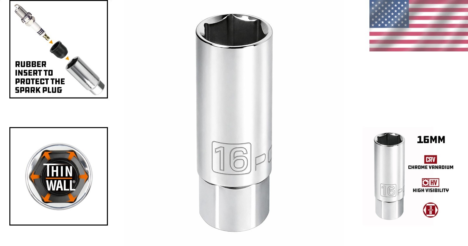 3/8 Drive 16mm Spark Plug Socket Chrome Vanadium Steel Rubber Insert
