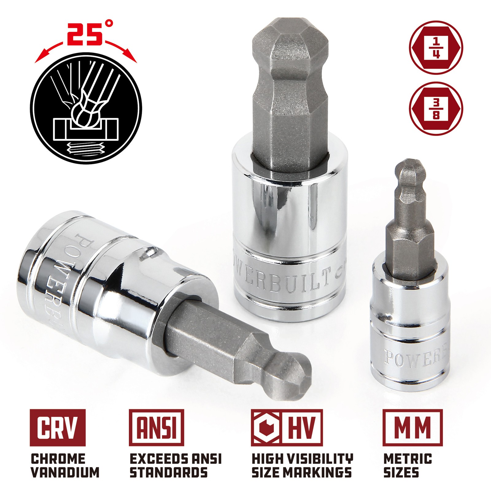Powerbuilt 8 Piece 3/8 Inch Drive Metric Ball End Hex Bit Set – 642403